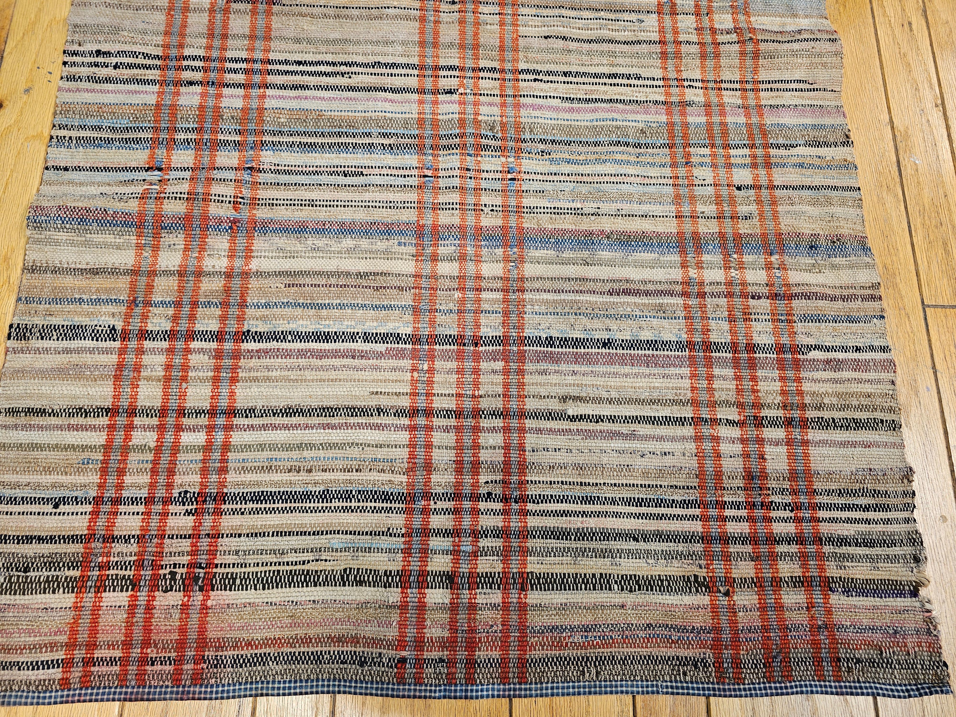 Vintage American Rag Runner in Tan with Stripe Pattern in Red, Pale Blue For Sale 5