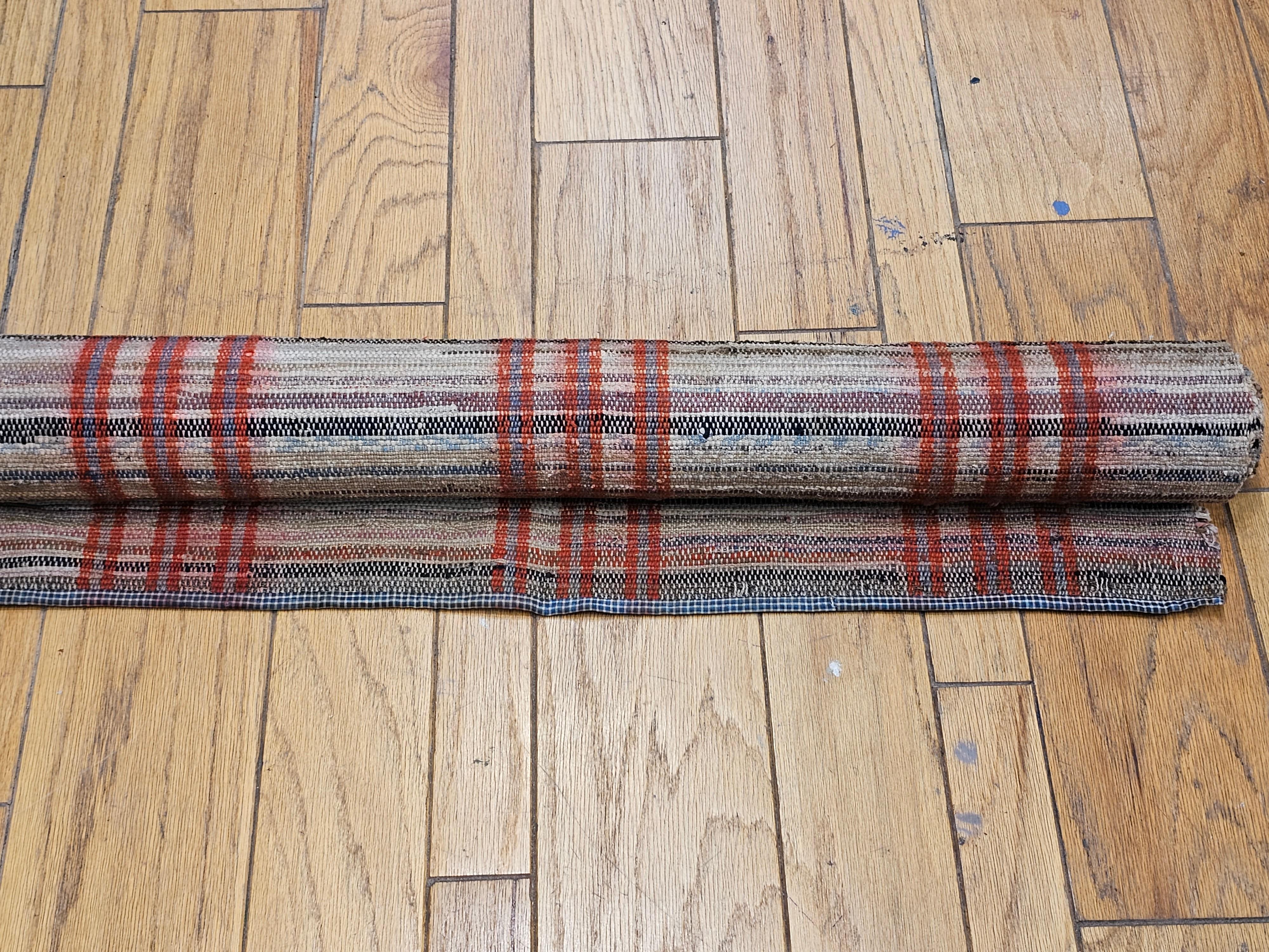 Vintage American Rag Runner in Tan with Stripe Pattern in Red, Pale Blue For Sale 6