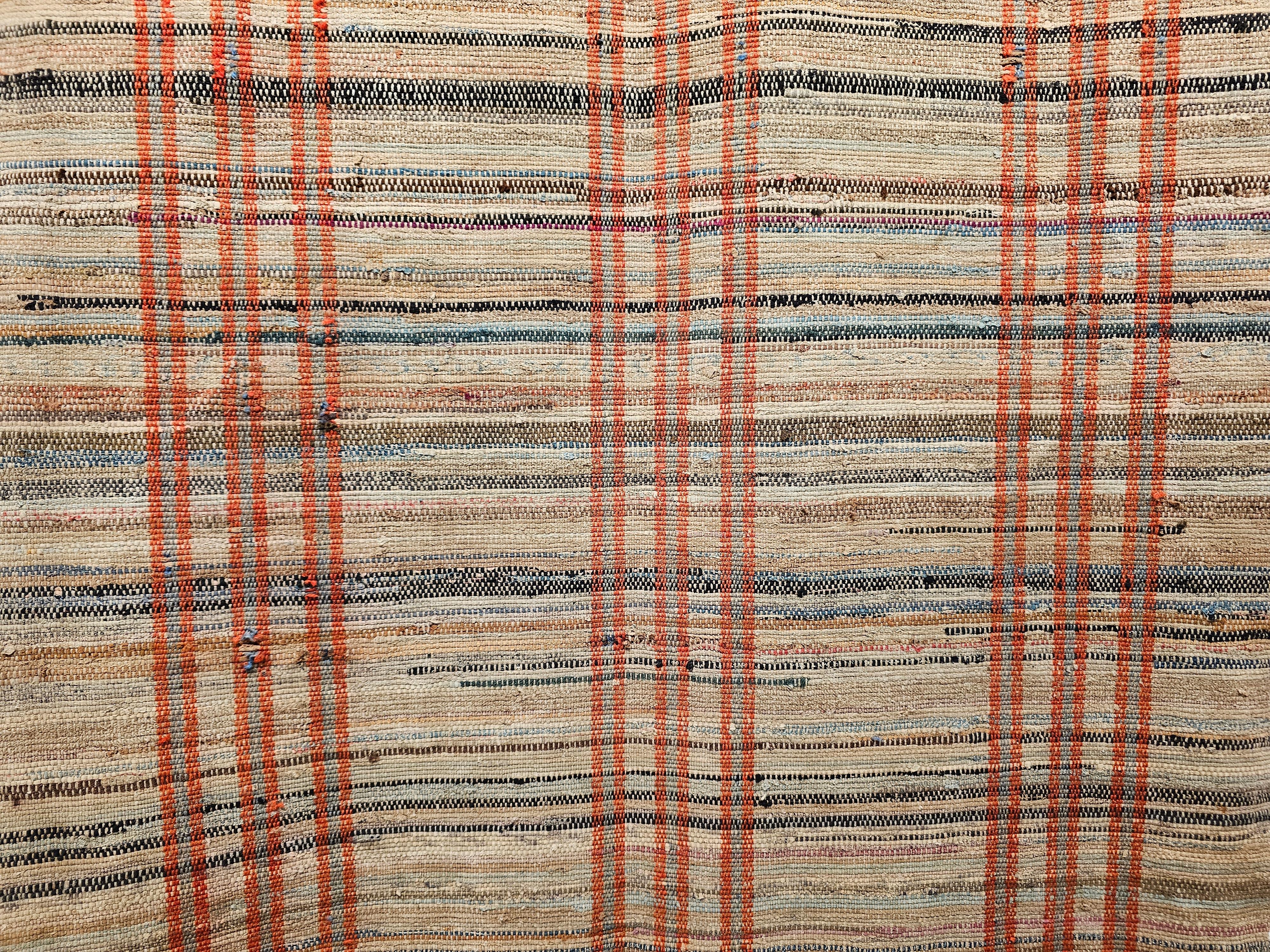Hand-Woven Vintage American Rag Runner in Tan with Stripe Pattern in Red, Pale Blue For Sale