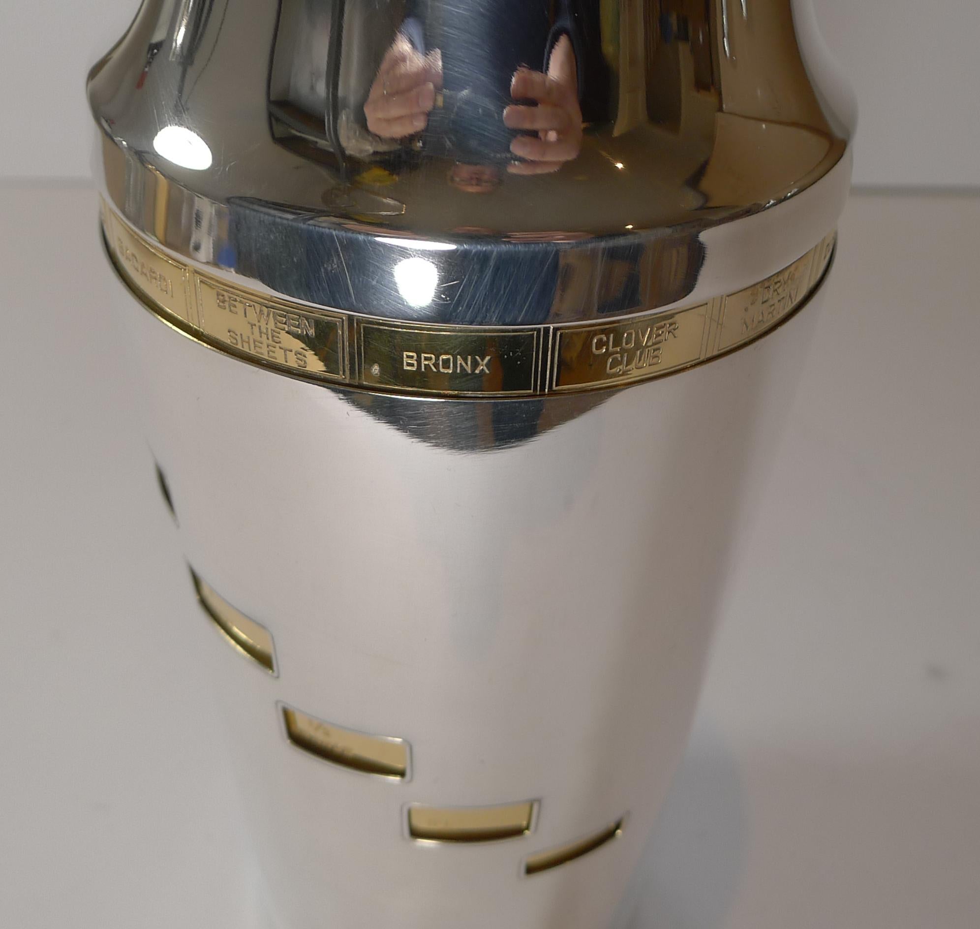 A magnificent original vintage 1930's recipe cocktail shaker just back from our silversmith having had all the gold and silver plating professionally restored and polished to create an outstanding example.

The shaker incorporates a gilded inner