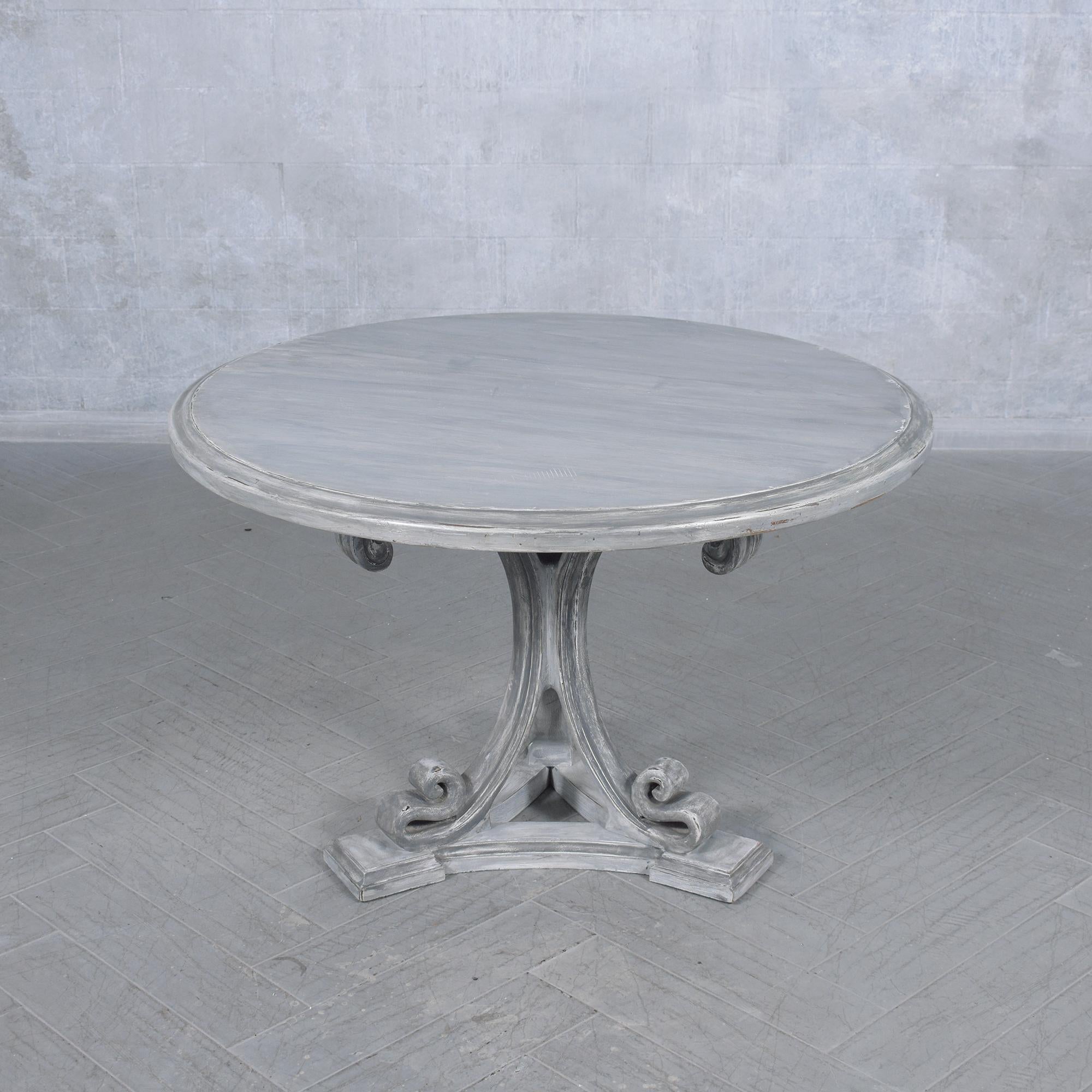 Italian Vintage American Regency Walnut Round Dining Table with Distressed Grey Finish For Sale