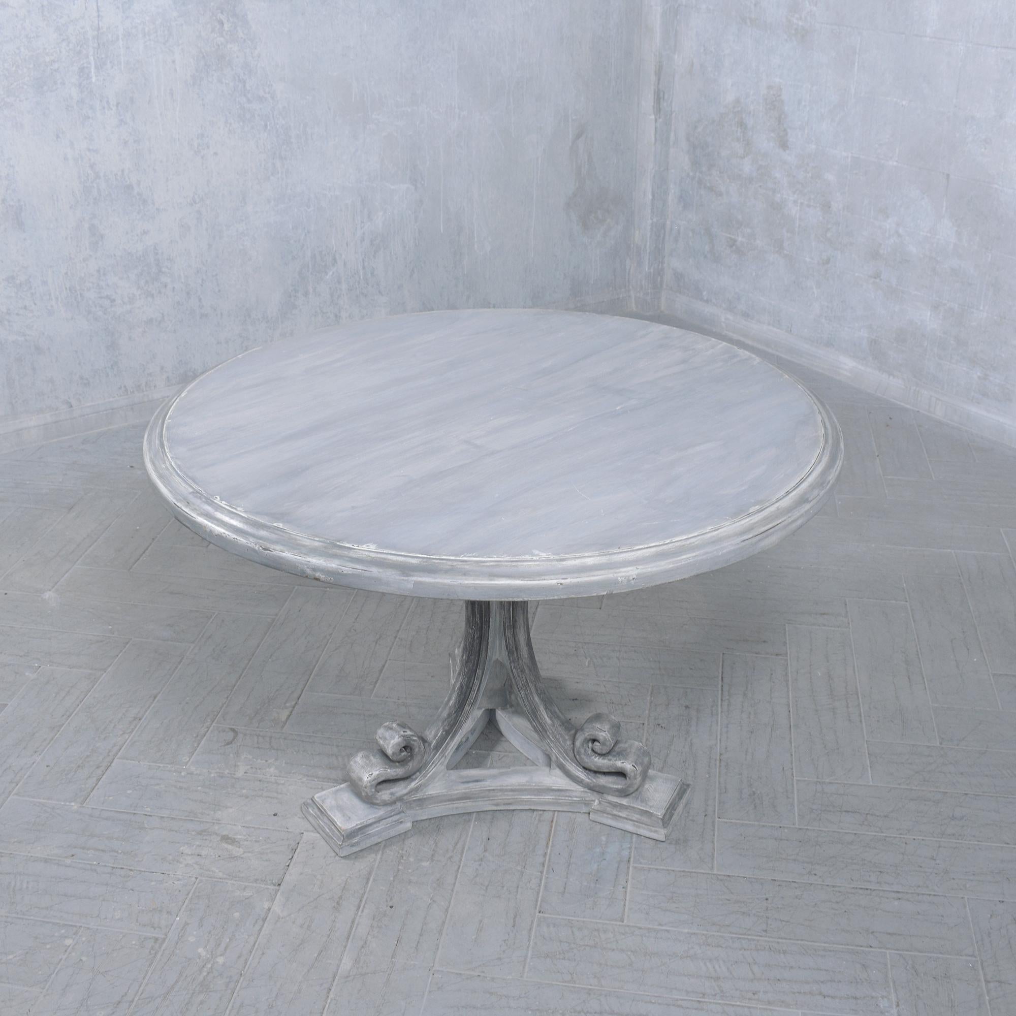 Carved Vintage American Regency Walnut Round Dining Table with Distressed Grey Finish For Sale