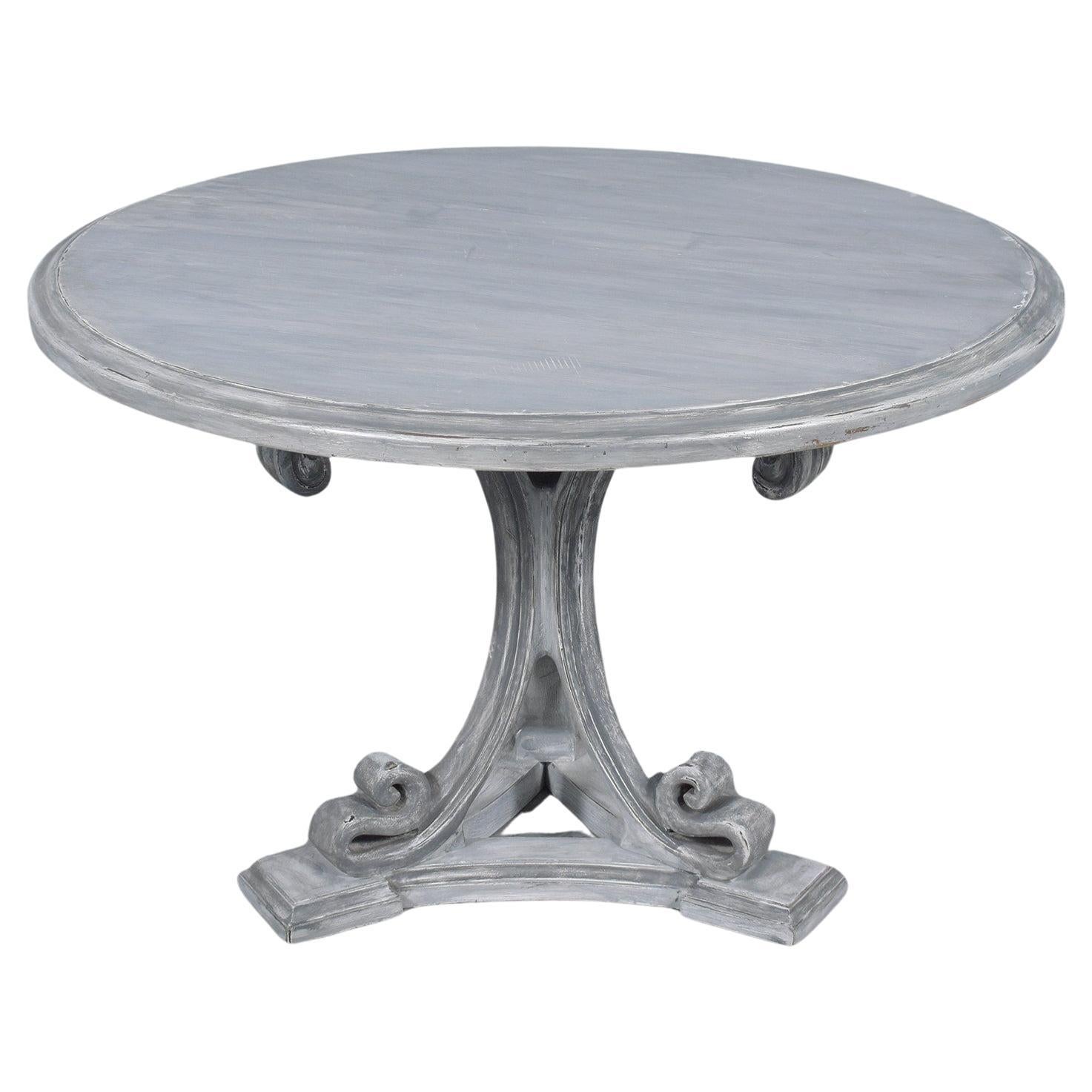 Vintage American Regency Walnut Round Dining Table with Distressed Grey Finish For Sale