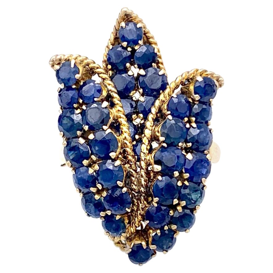 Bague cocktail vintage américaine rétro à fleurs en or 14 carats et saphir