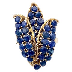 Bague cocktail vintage américaine rétro à fleurs en or 14 carats et saphir