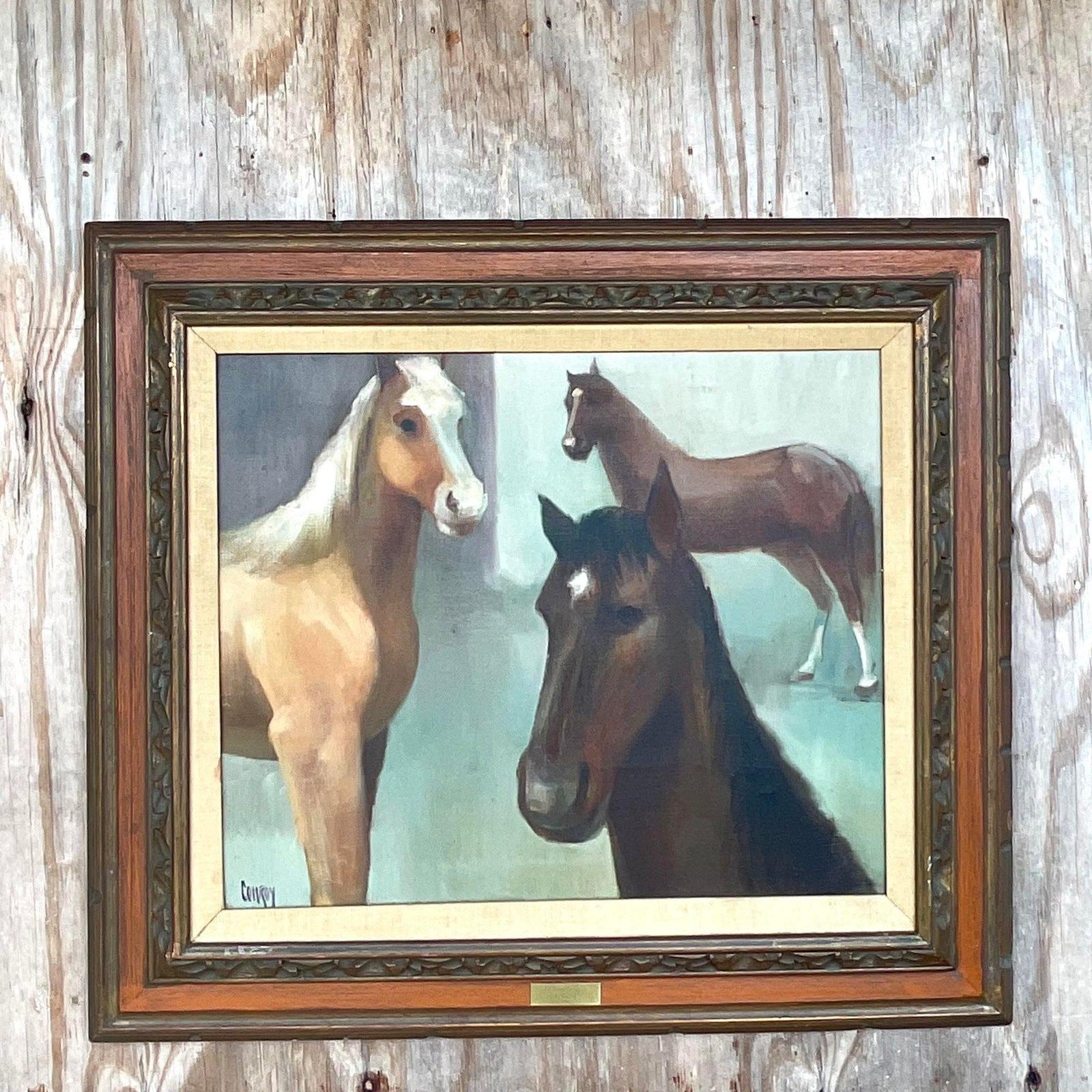 Une fantastique peinture vintage de chevaux de l'American School Equestrian, signée par l'artiste. Acquis dans une propriété de Palm Beach.