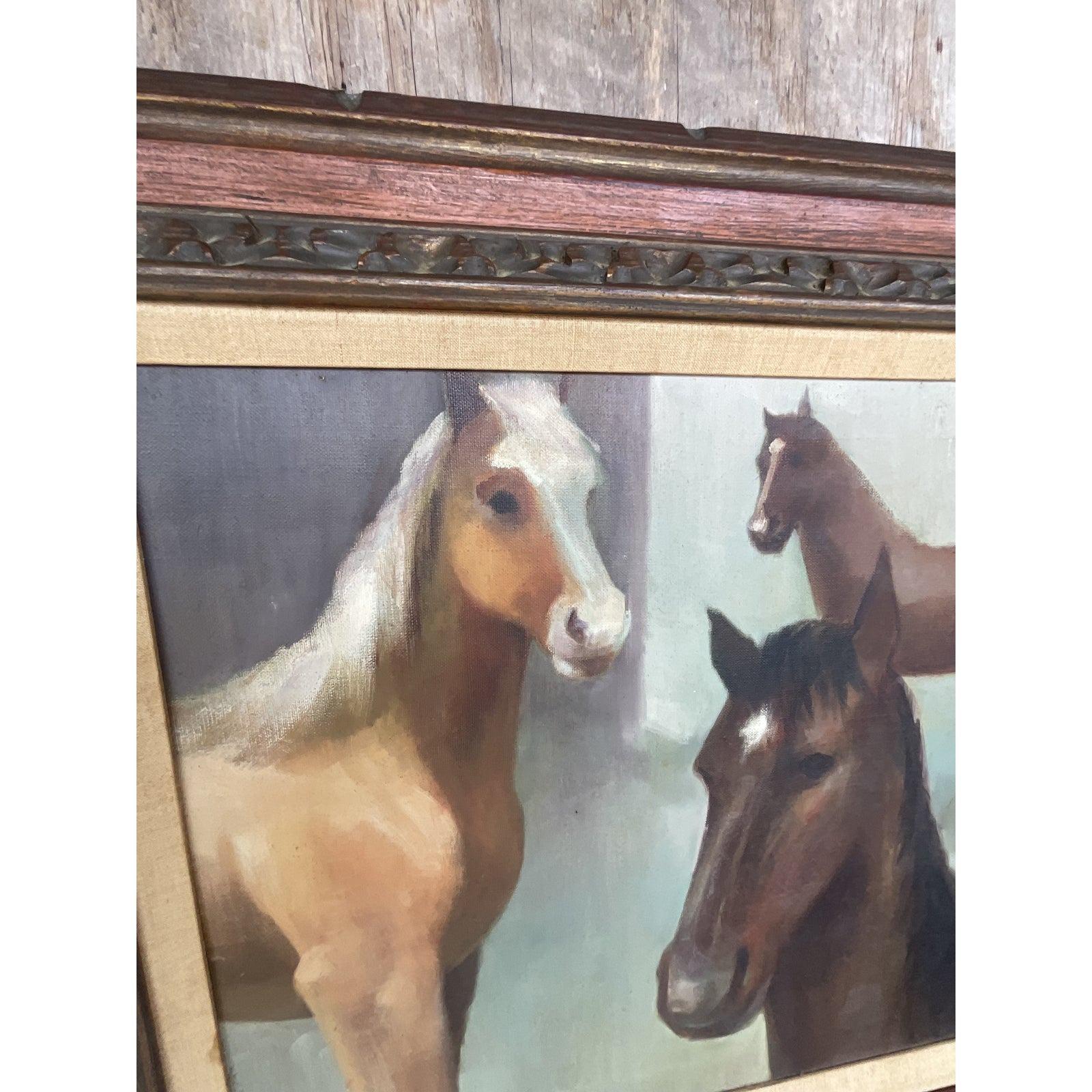 Vintage American School Equestrian Painting of Horses, Signed In Good Condition For Sale In west palm beach, FL