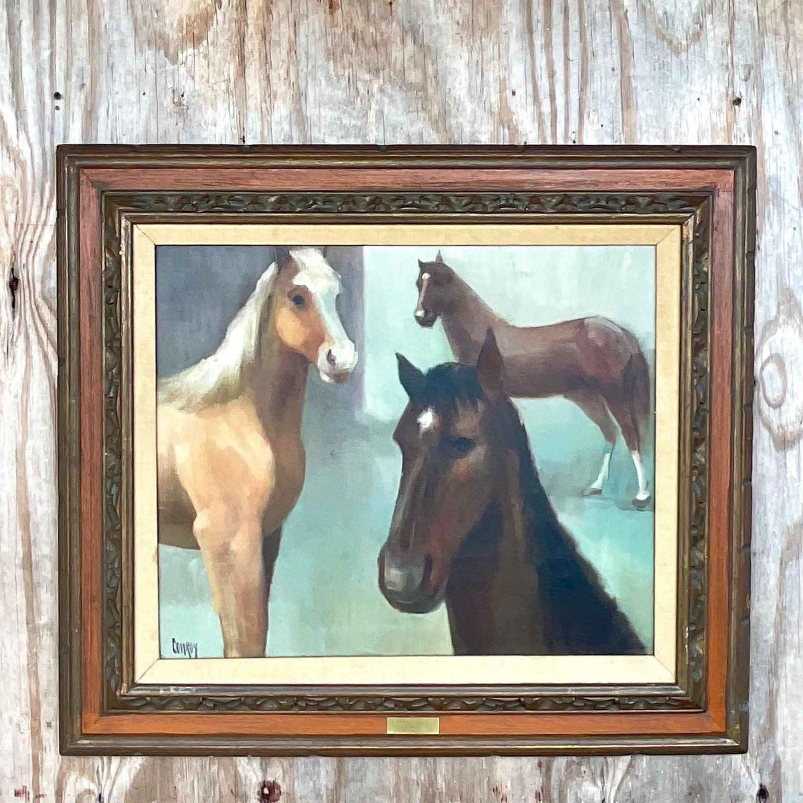 Nord-américain Peinture équestre ancienne de chevaux de l'école américaine, signée en vente
