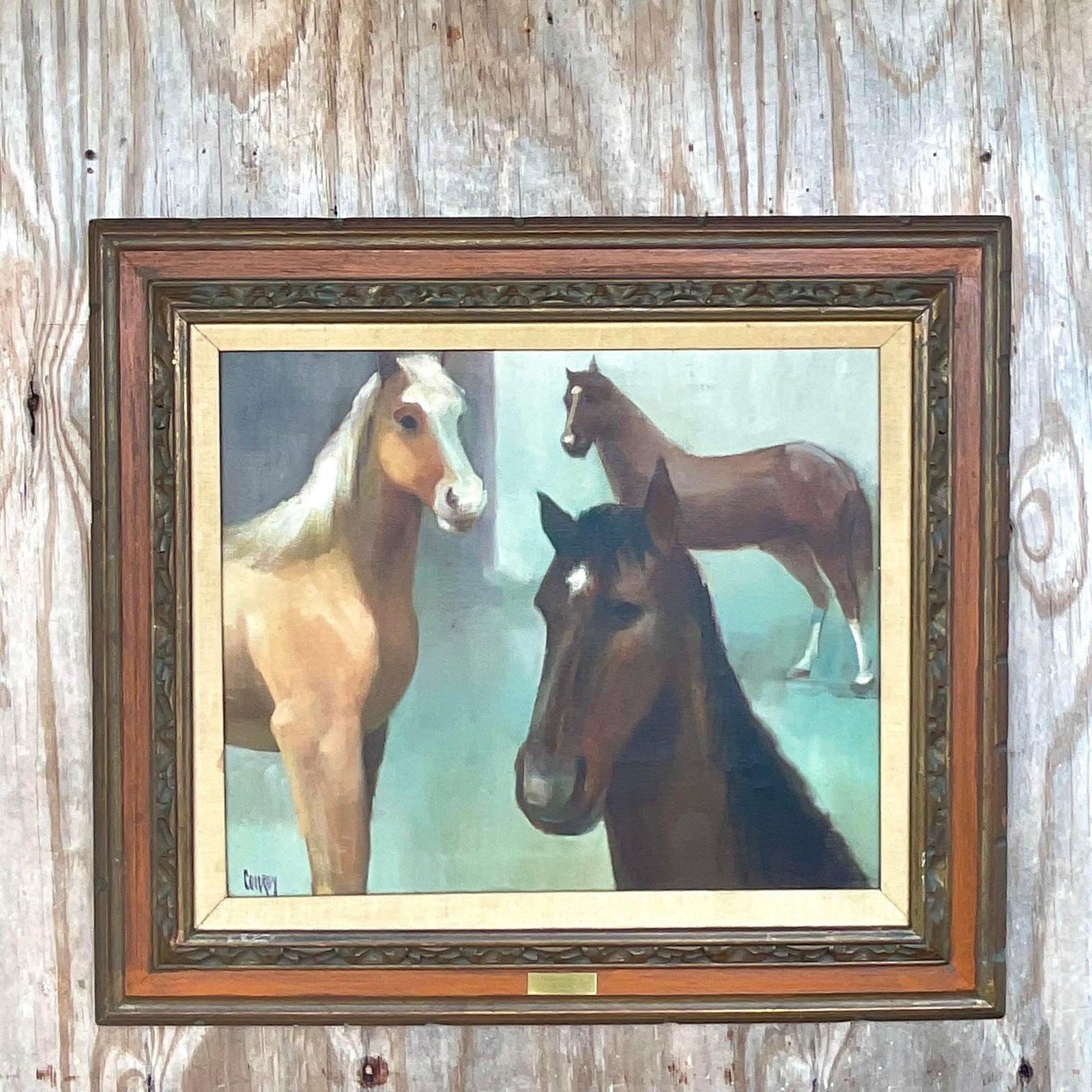 Peinture équestre ancienne de chevaux de l'école américaine, signée Bon état - En vente à west palm beach, FL