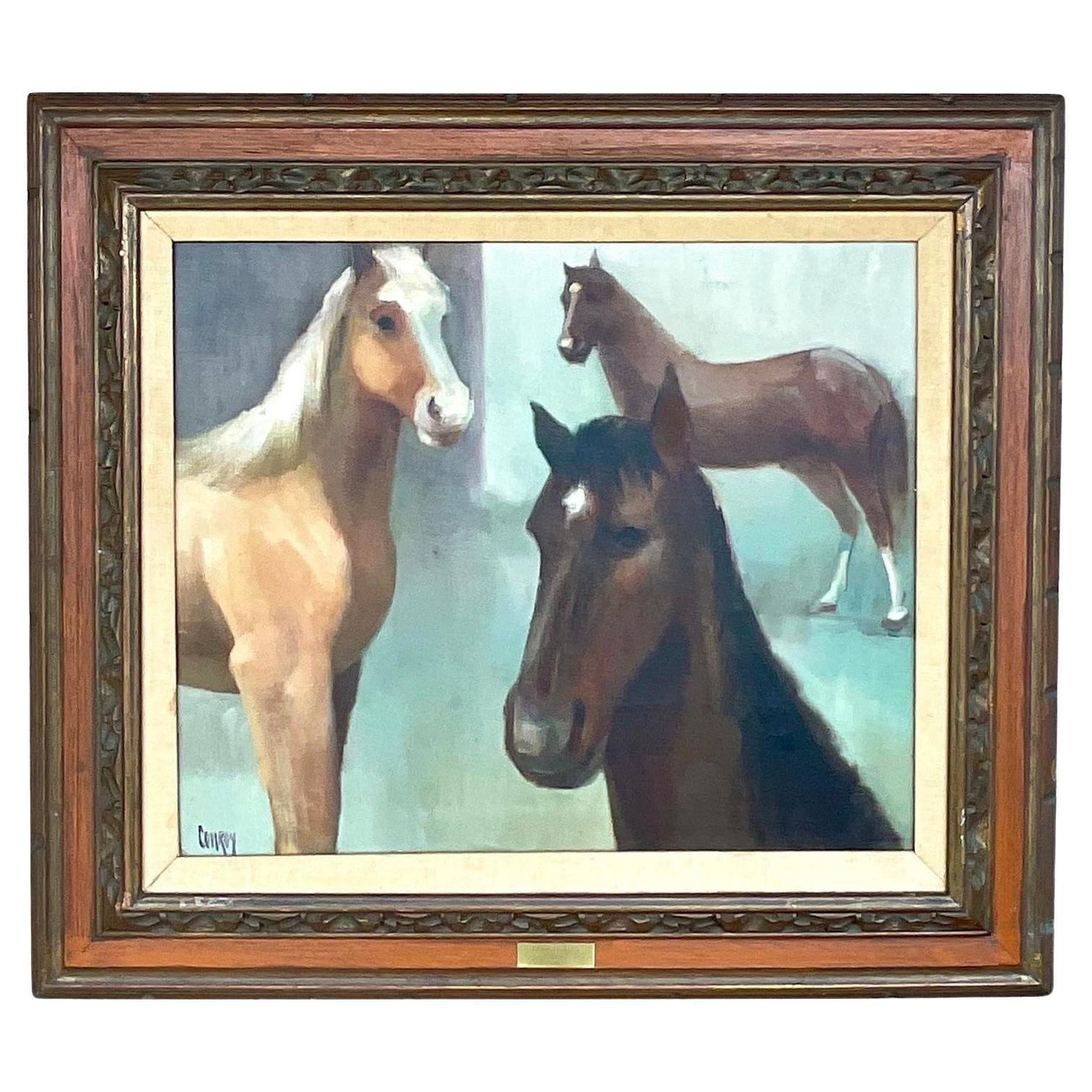 Pintura ecuestre de caballos de la escuela americana vintage, firmada