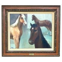 Vintage American School Equestrian Painting of Horses, Signed