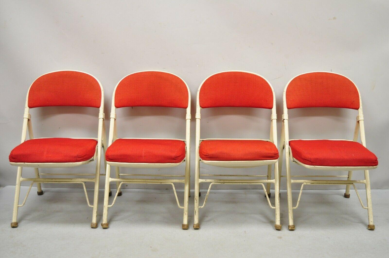 Vintage American Seating Metal Frame Red Upholstered Folding Chairs, Set of 4 For Sale 6