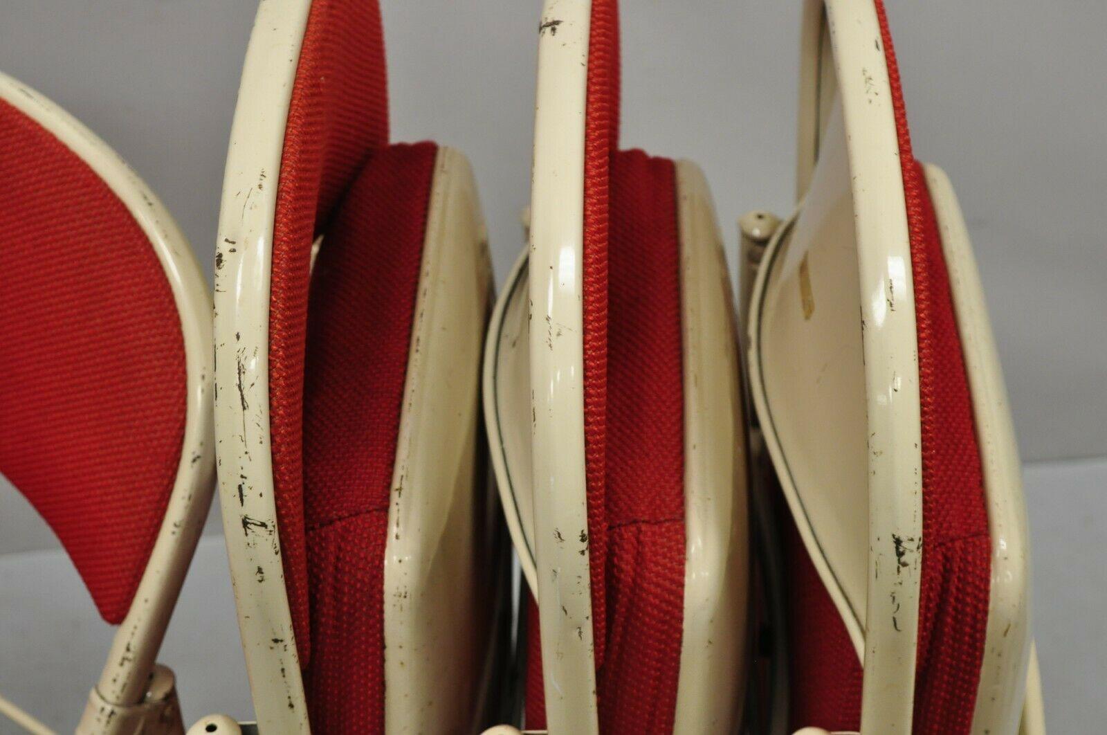 Vintage American Seating Metal Frame Red Upholstered Folding Chairs, Set of 4 In Good Condition For Sale In Philadelphia, PA