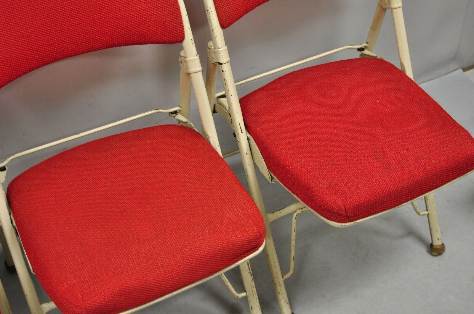 Vintage American Seating Metal Frame Red Upholstered Folding Chairs, Set of 4 For Sale 2