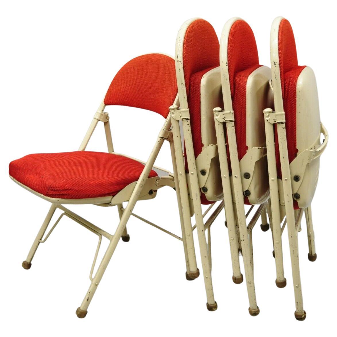 Vintage American Seating Metal Frame Red Upholstered Folding Chairs, Set of 4 For Sale