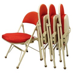 Vintage American Seating Metal Frame Red Upholstered Folding Chairs, Set of 4