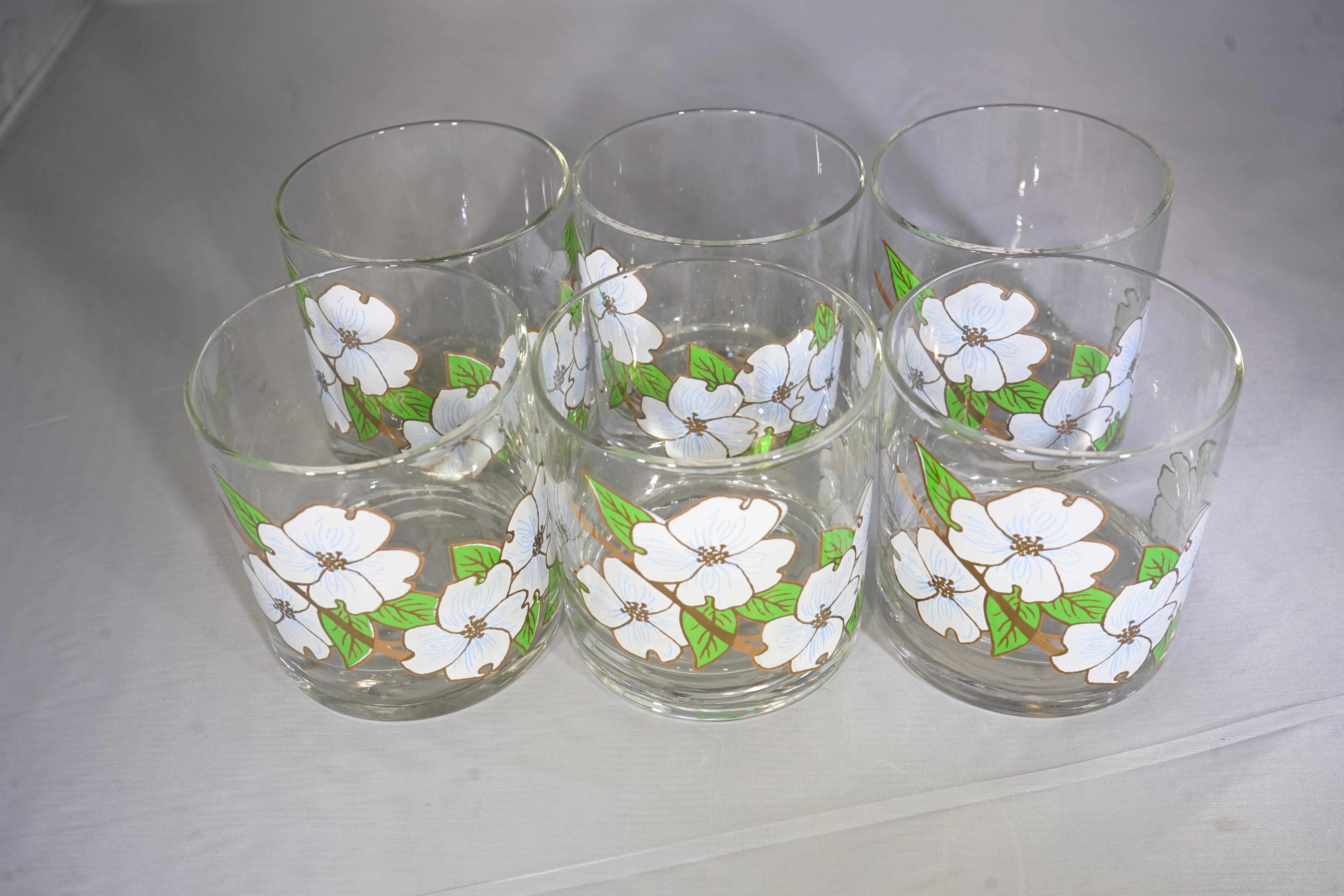 20th Century Vintage American Set of 6 Couroc Dogwood Blossoms Glasses