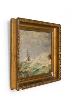 Vintage American Small Shipwreck at Sea Oil Painting in a Giltwood Frame