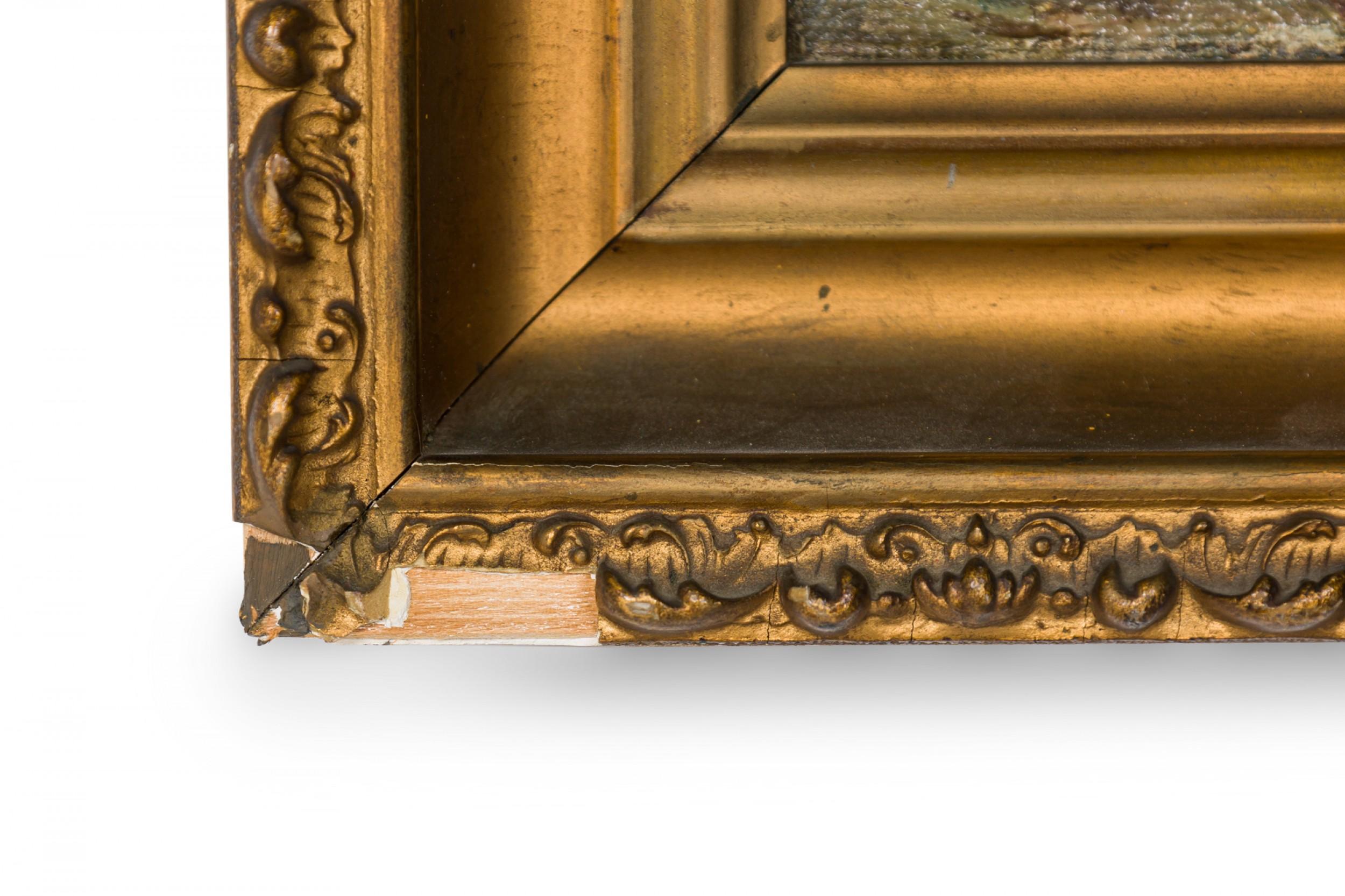 Colonial américain Petit naufrage américain en mer, peinture à l'huile dans un cadre en bois doré en vente