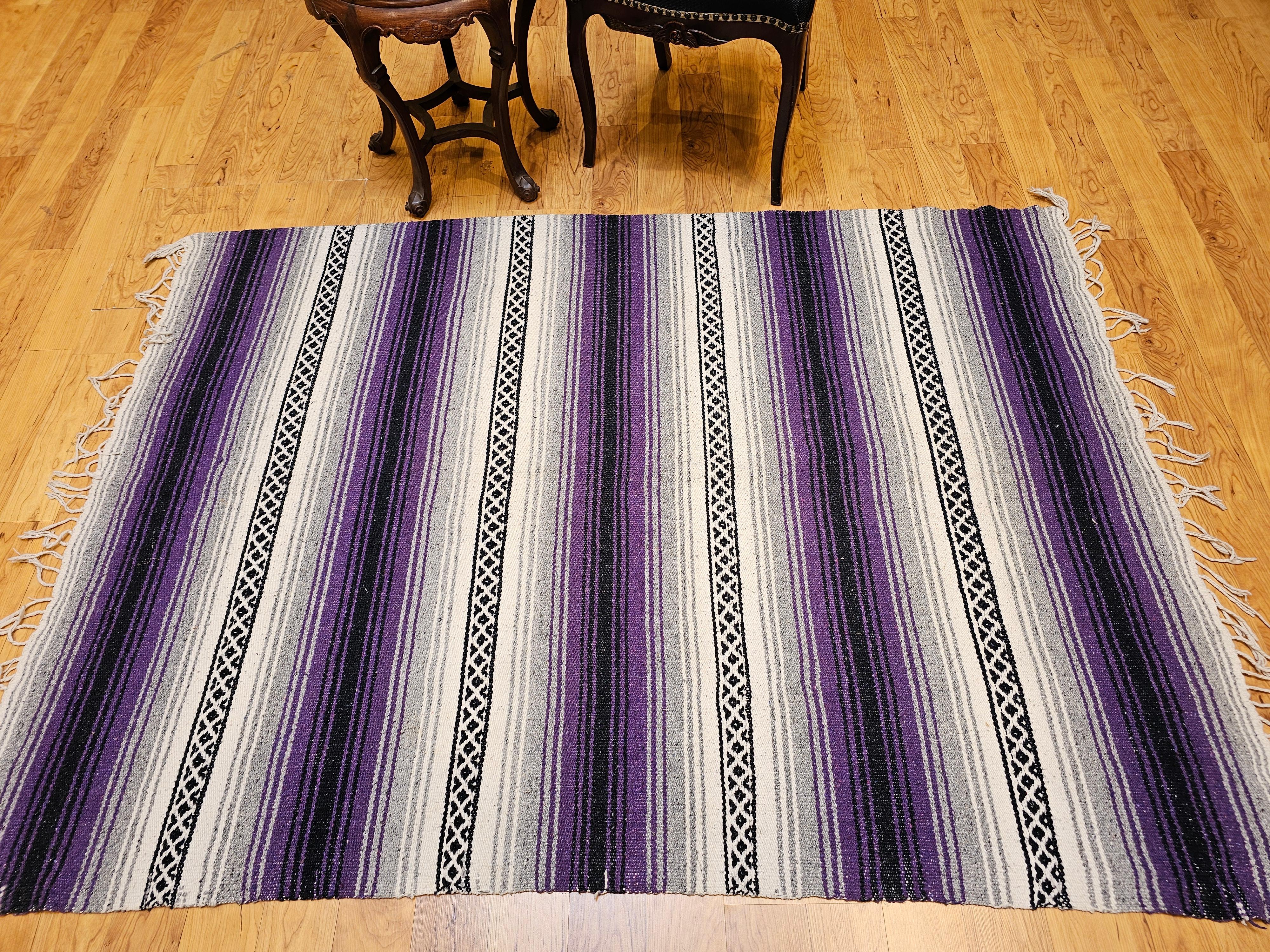 Vintage Southwestern Kilim Area Rug in Lavender, Gray, Black & Ivory Stripes For Sale 3