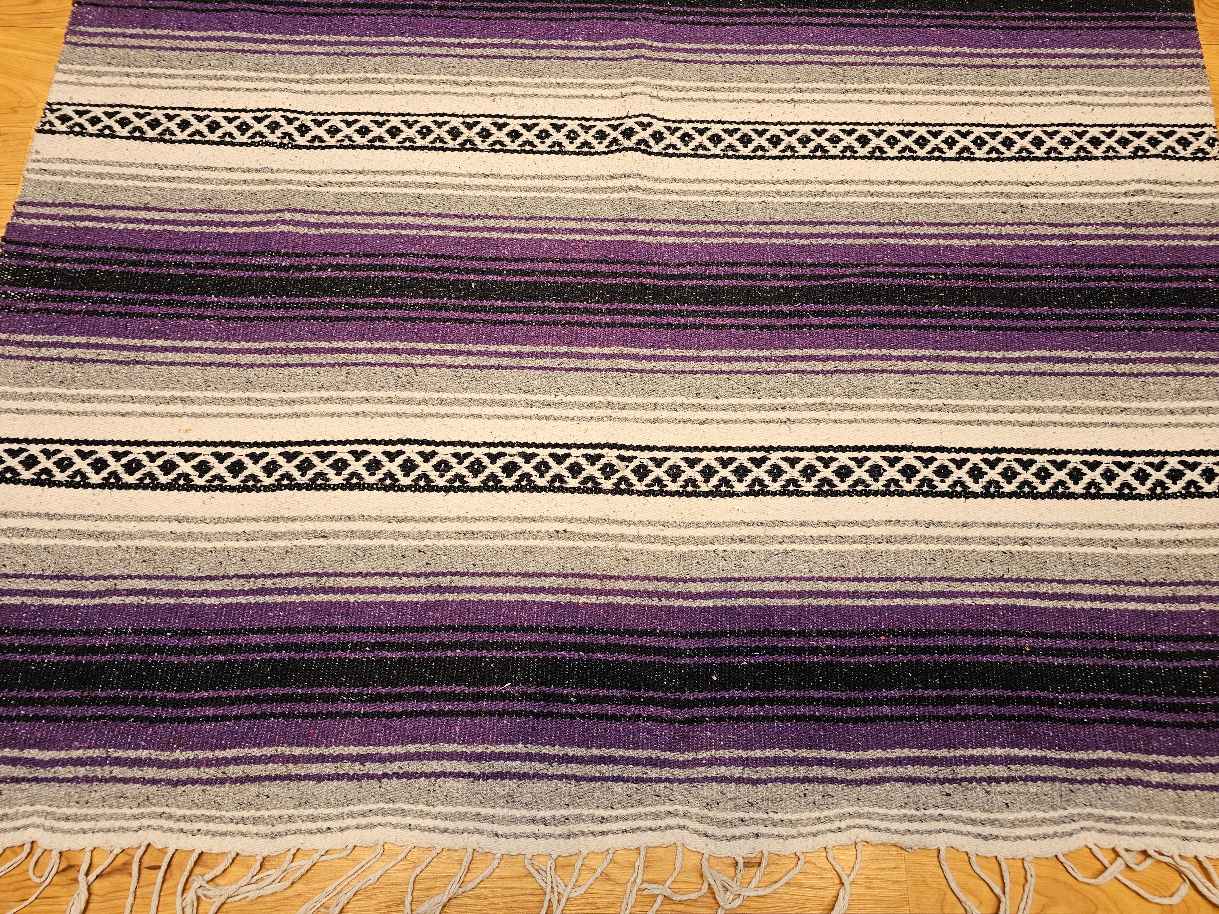 American Vintage Southwestern Kilim Area Rug in Lavender, Gray, Black & Ivory Stripes For Sale