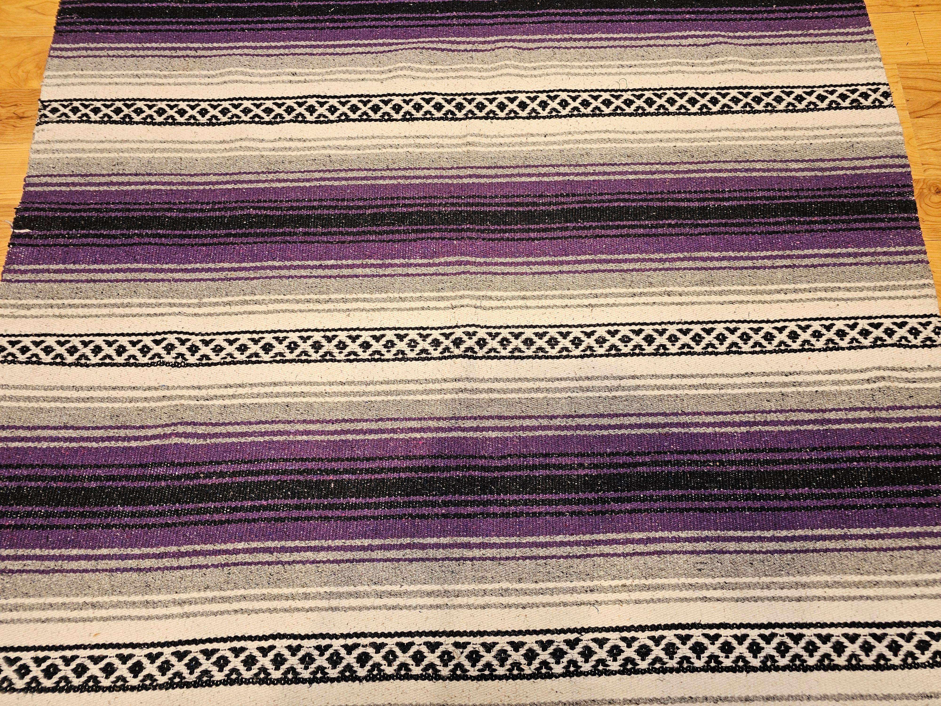Hand-Woven Vintage Southwestern Kilim Area Rug in Lavender, Gray, Black & Ivory Stripes For Sale