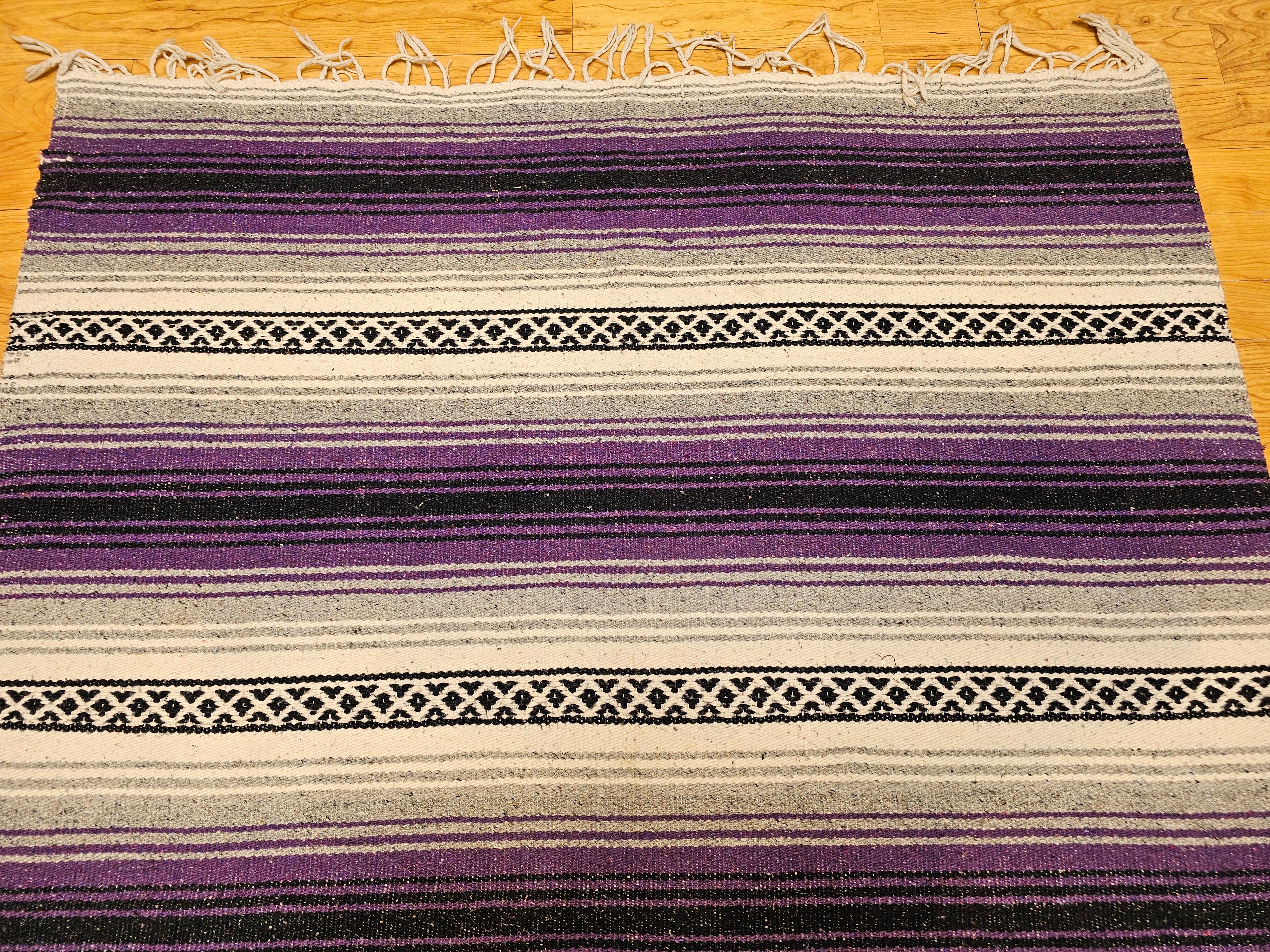 Vintage Southwestern Kilim Area Rug in Lavender, Gray, Black & Ivory Stripes In Good Condition For Sale In Barrington, IL