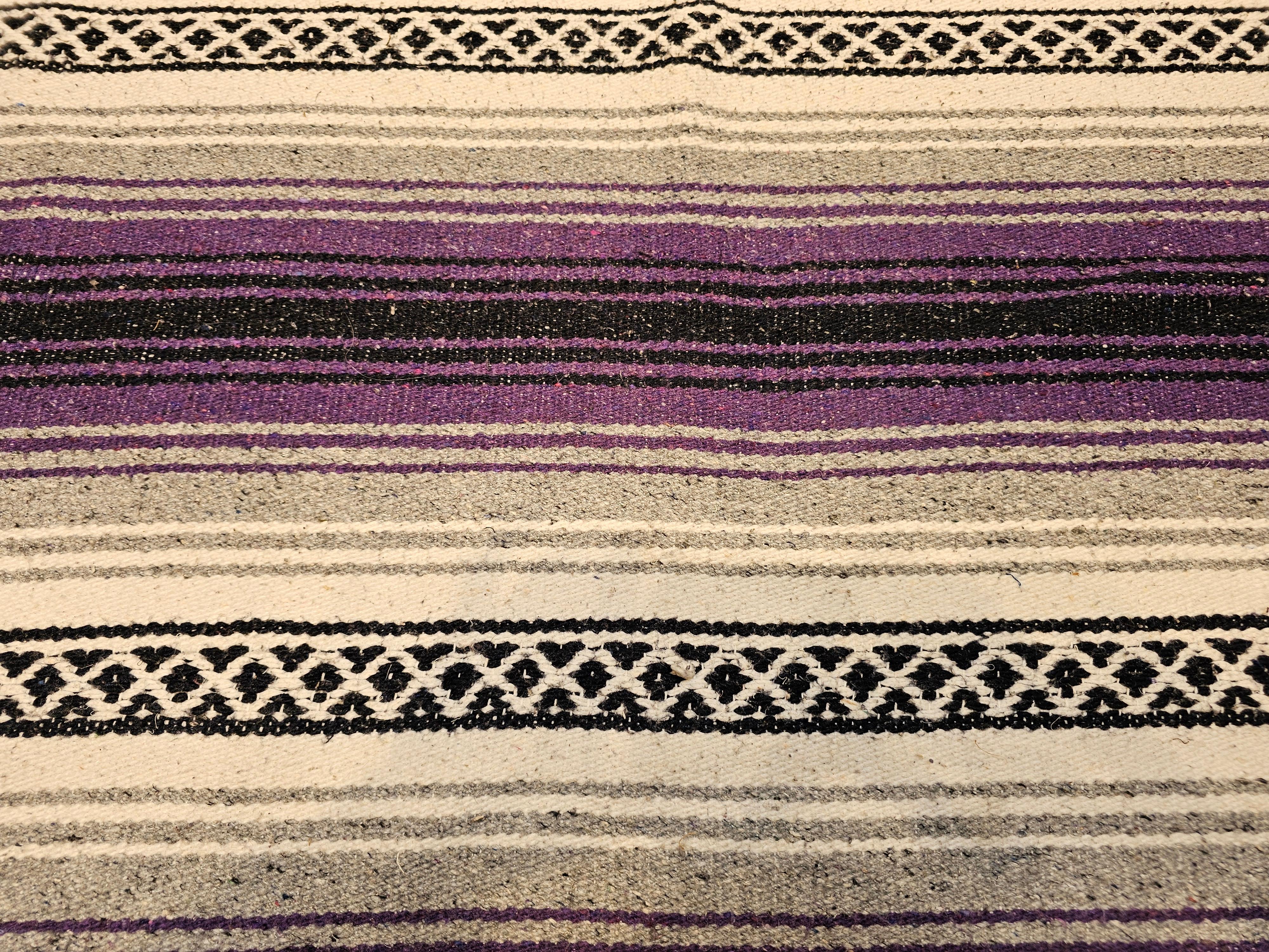 20th Century Vintage Southwestern Kilim Area Rug in Lavender, Gray, Black & Ivory Stripes For Sale