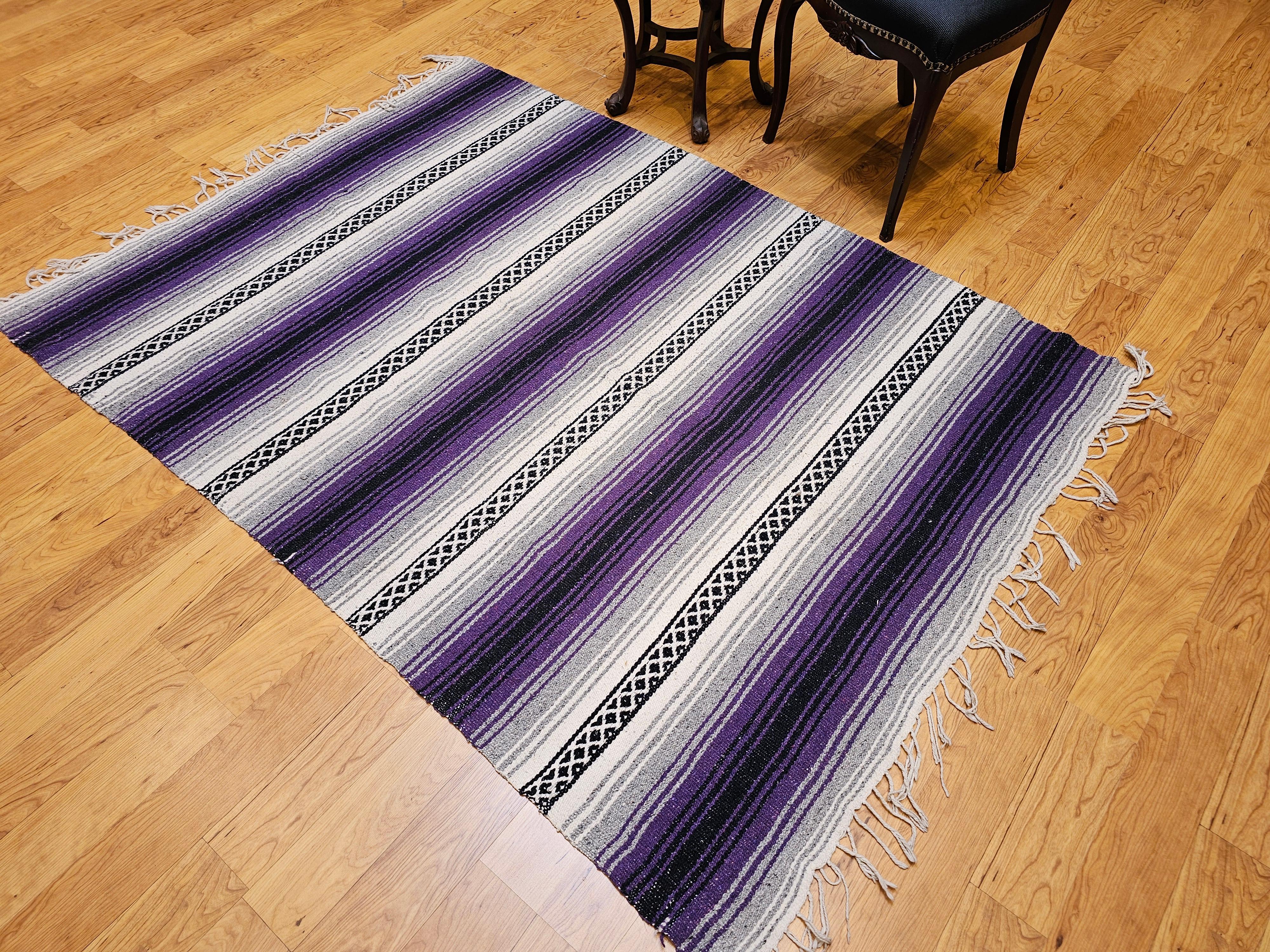 Wool Vintage Southwestern Kilim Area Rug in Lavender, Gray, Black & Ivory Stripes For Sale