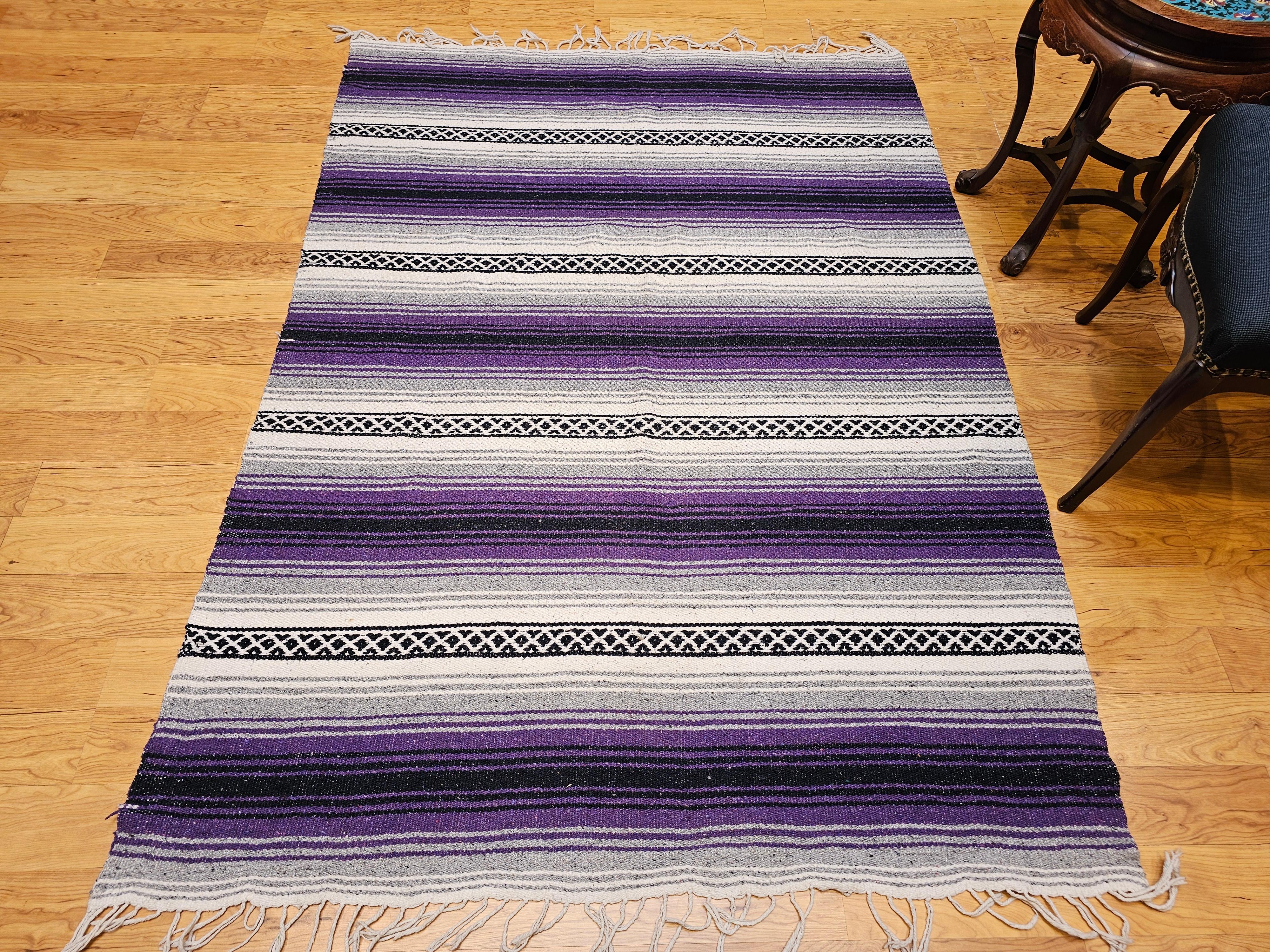 Vintage Southwestern Kilim Area Rug in Lavender, Gray, Black & Ivory Stripes For Sale 1