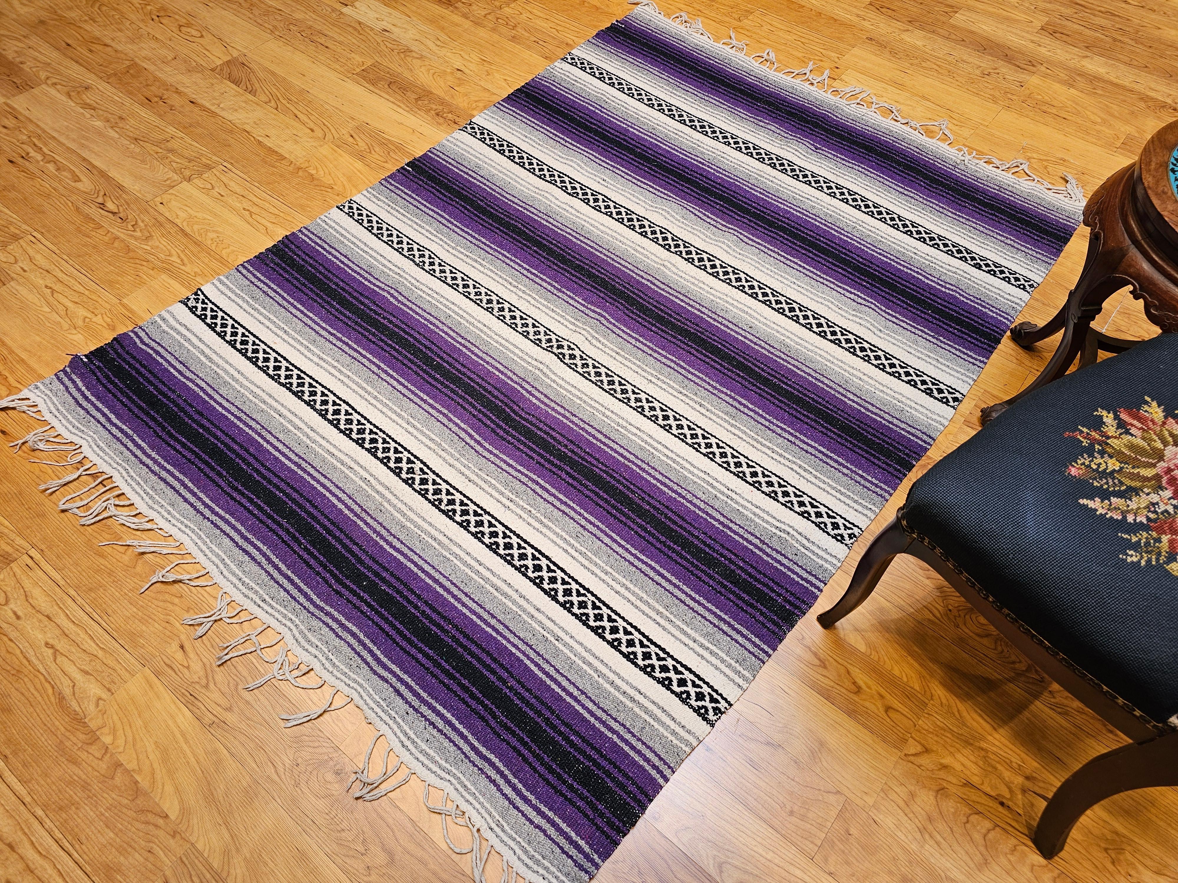 Vintage Southwestern Kilim Area Rug in Lavender, Gray, Black & Ivory Stripes For Sale 2
