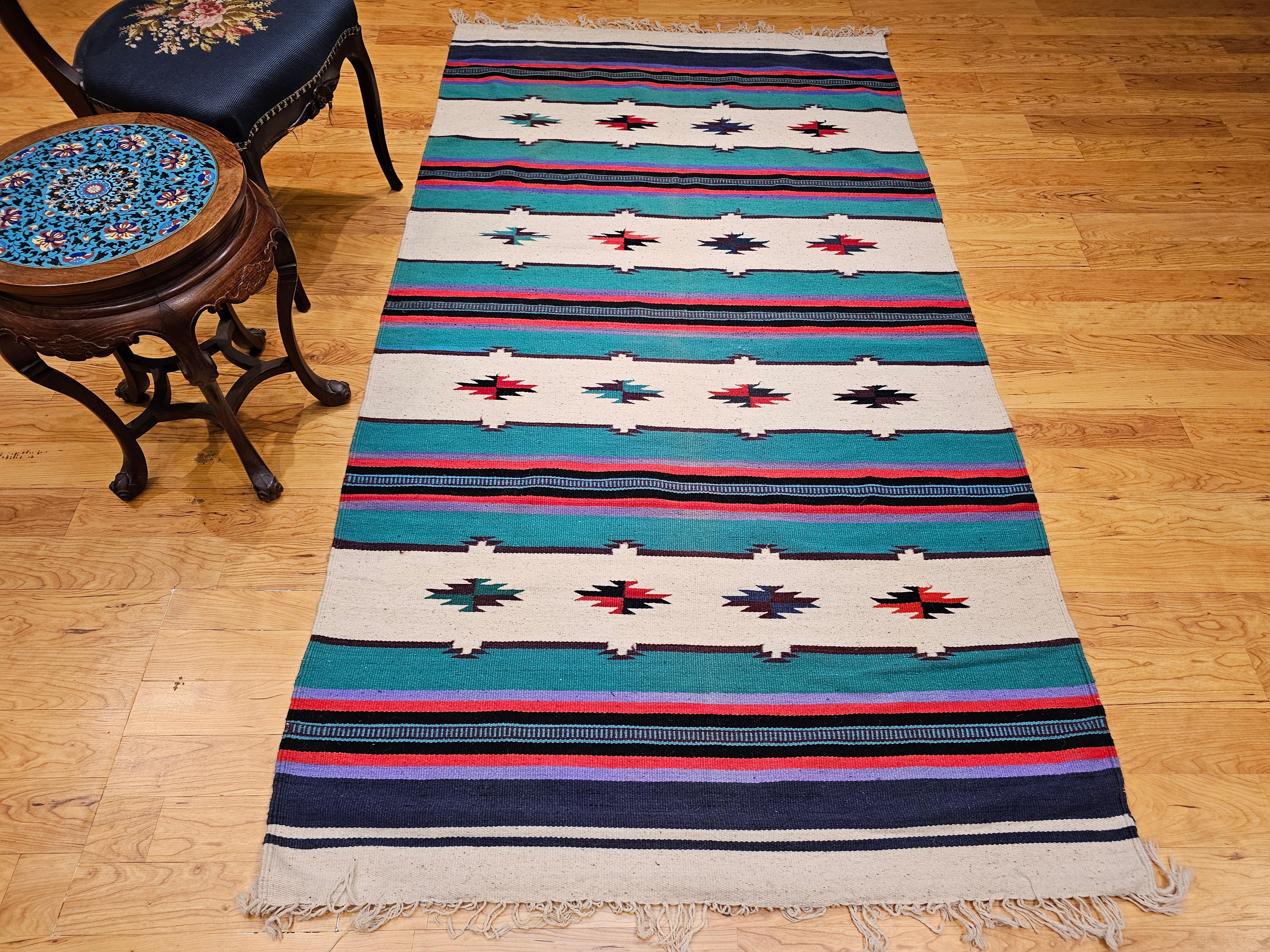 Rug & Kilim Vintage Américain du Sud-Ouest en Ivoire, Vert, Rouge, Violet, Noir en vente 6