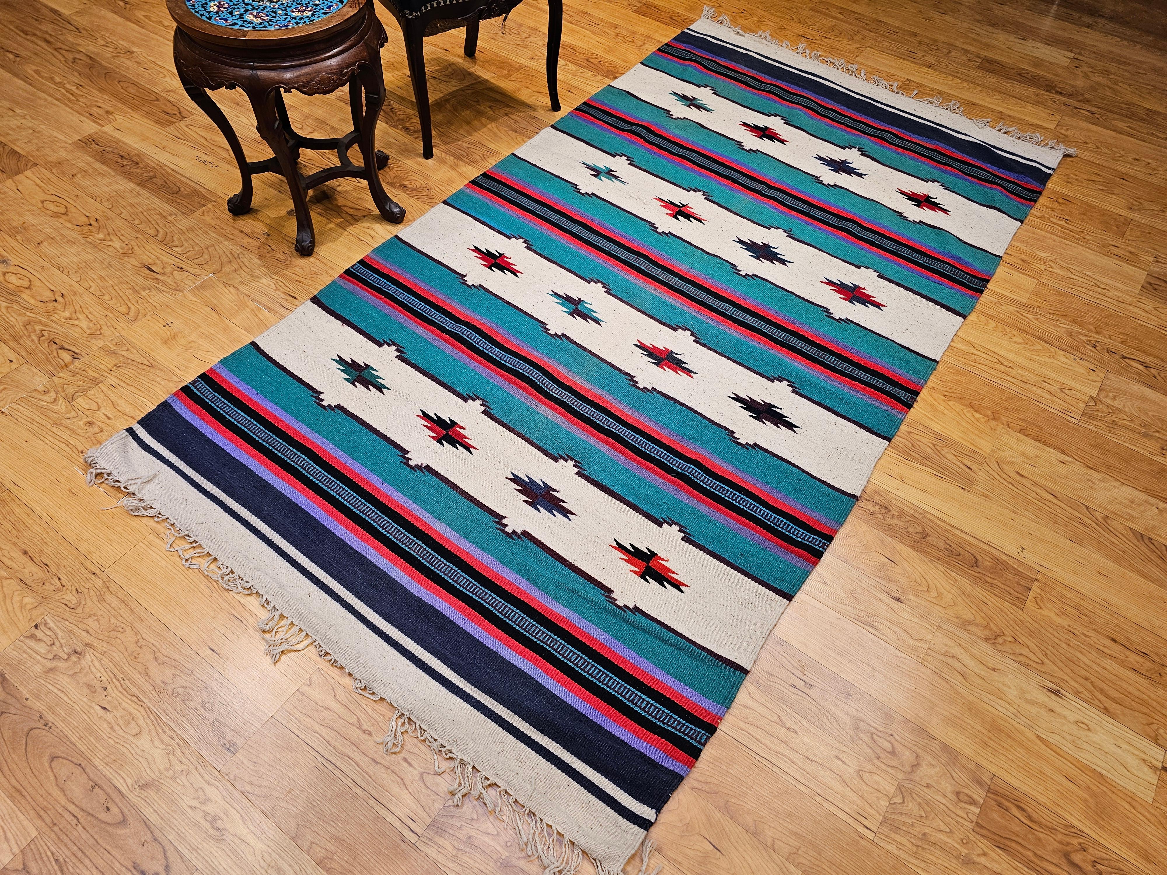 Rug & Kilim Vintage Américain du Sud-Ouest en Ivoire, Vert, Rouge, Violet, Noir en vente 7