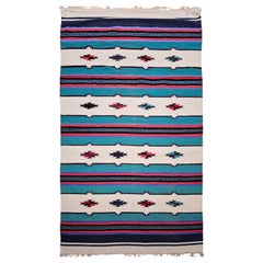Vintage American Southwestern Kilim Rug in Ivory, Green, Red, Purple, Black