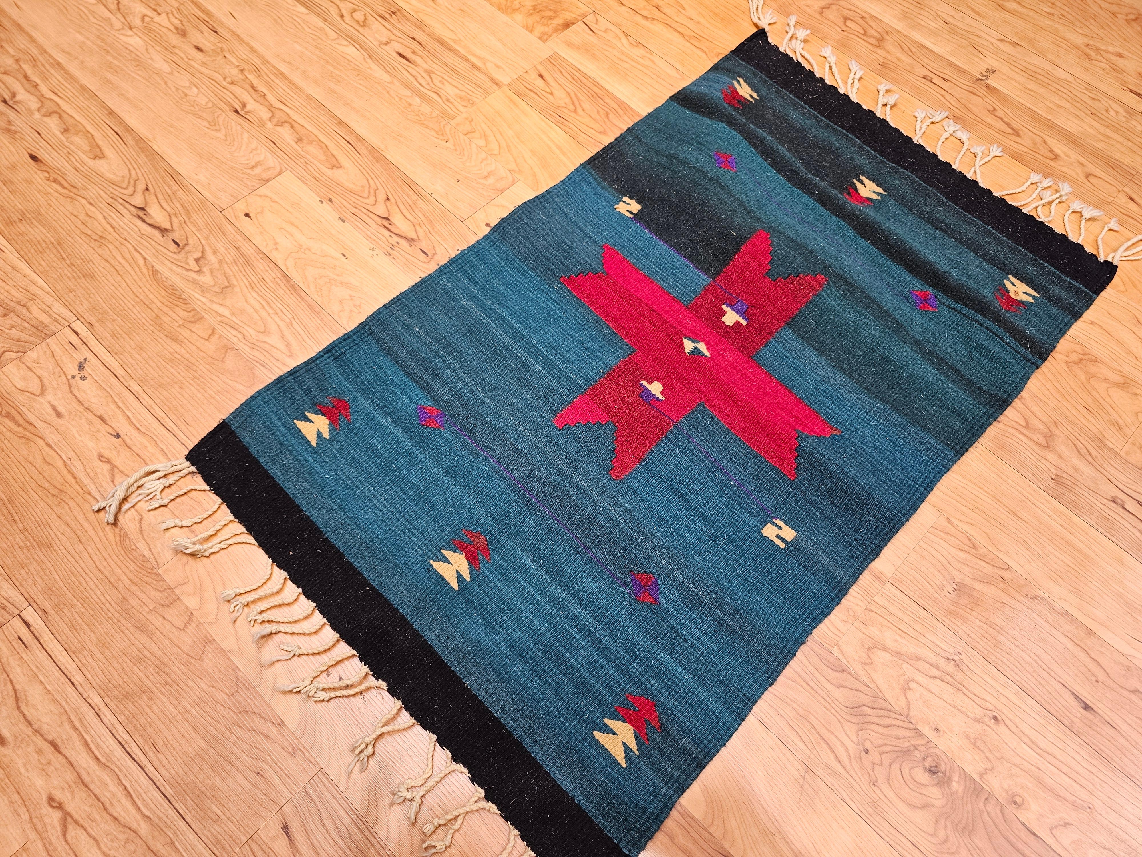 Vintage American Southwestern Kilim Area Rug in Dark Green with Red Medallion For Sale 4