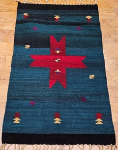 Vintage American Southwestern Kilim Area Rug in Dark Green with Red Medallion