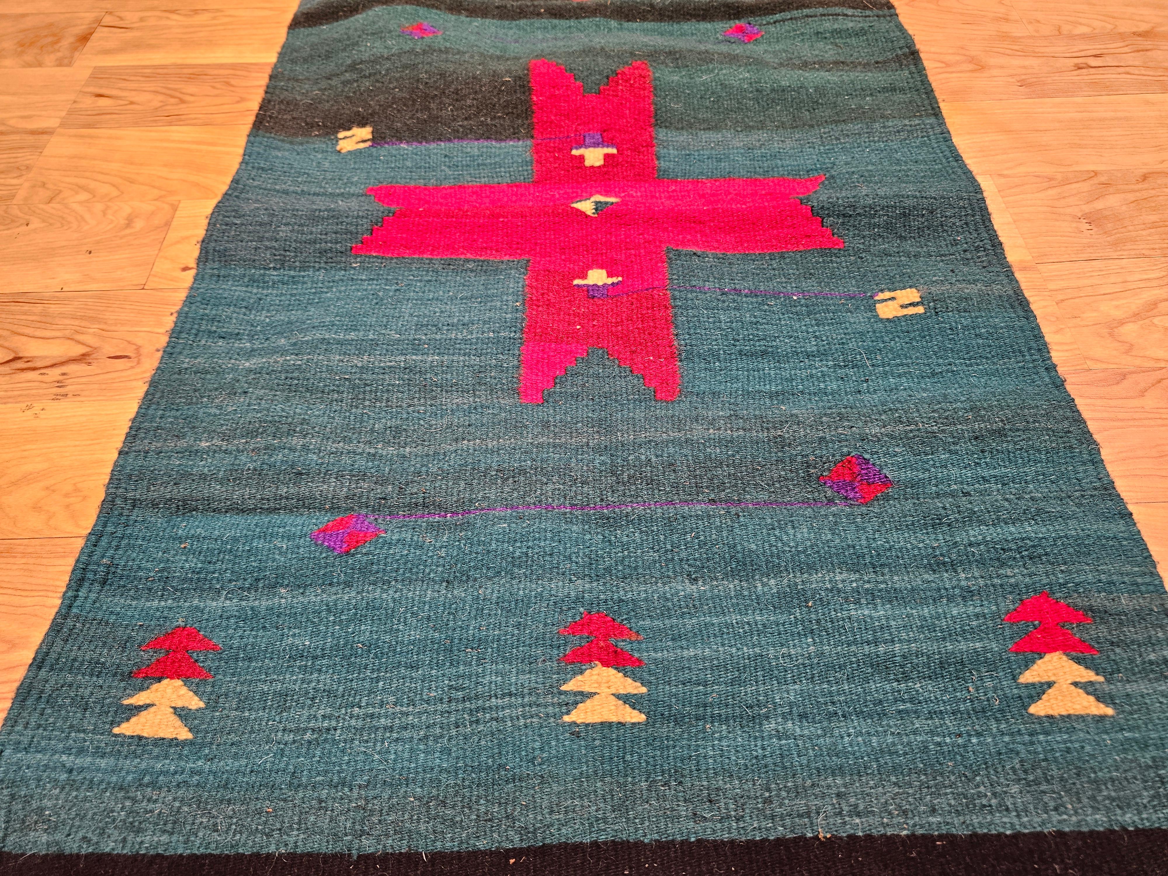 Vegetable Dyed Vintage American Southwestern Kilim Area Rug in Dark Green with Red Medallion For Sale