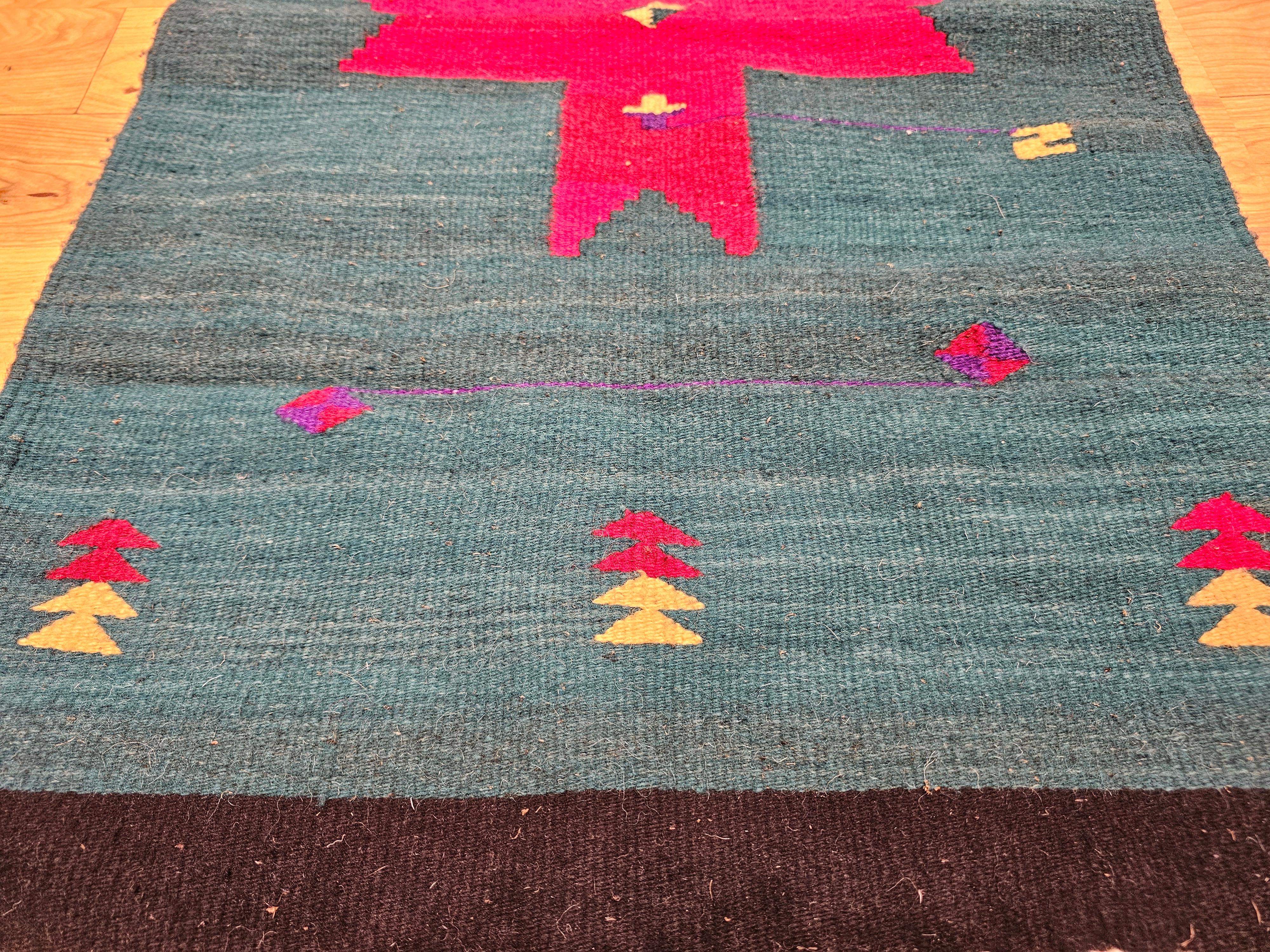 Vintage American Southwestern Kilim Area Rug in Dark Green with Red Medallion In Good Condition For Sale In Barrington, IL