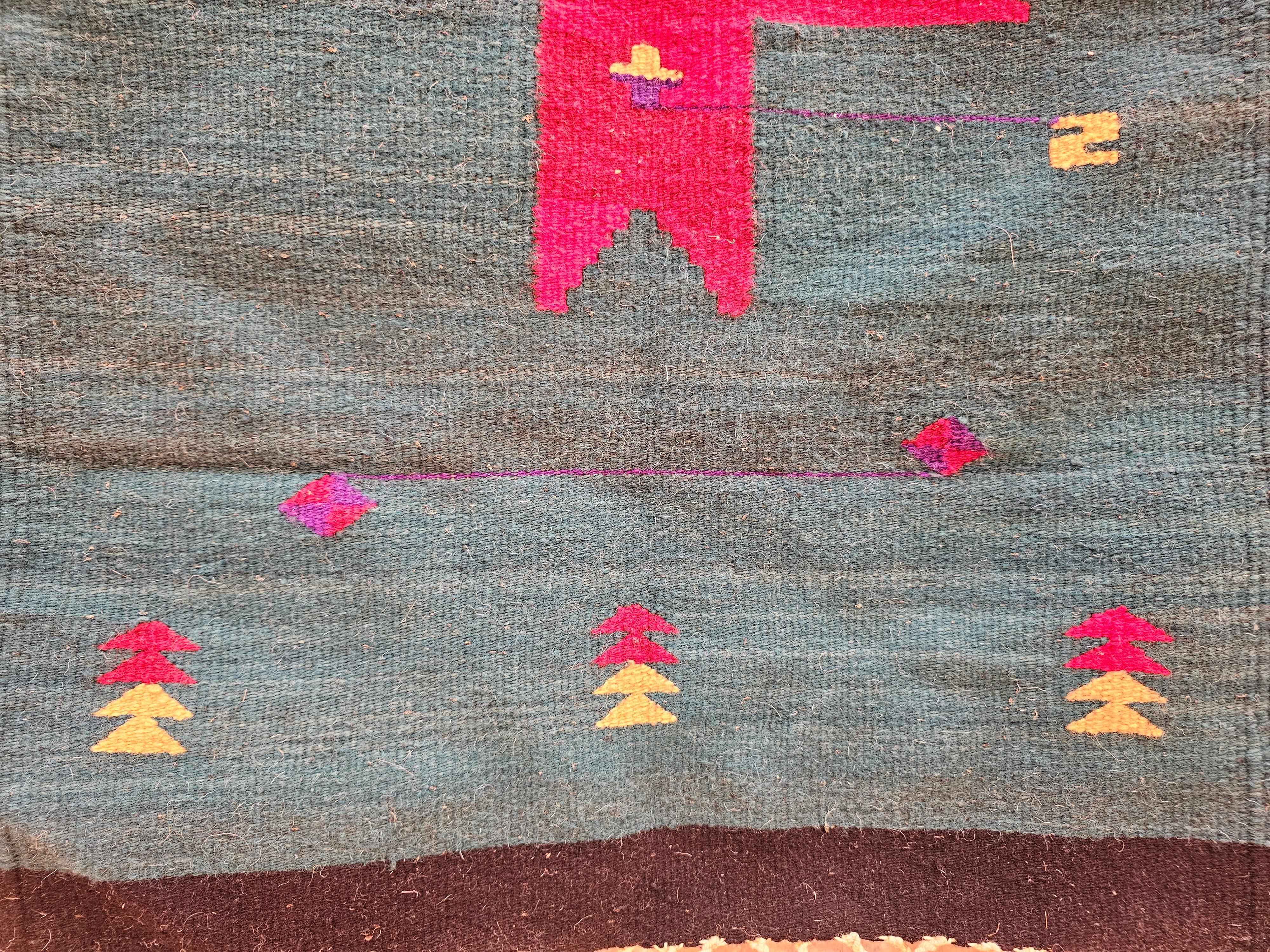 Wool Vintage American Southwestern Kilim Area Rug in Dark Green with Red Medallion For Sale