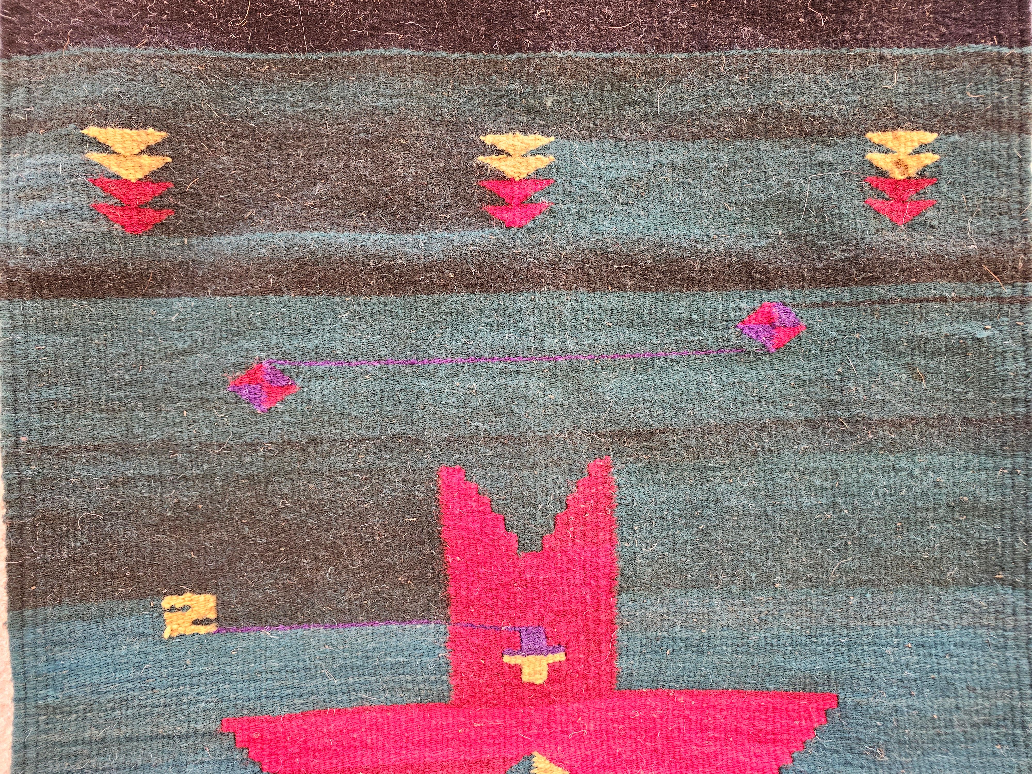 Vintage American Southwestern Kilim Area Rug in Dark Green with Red Medallion For Sale 1