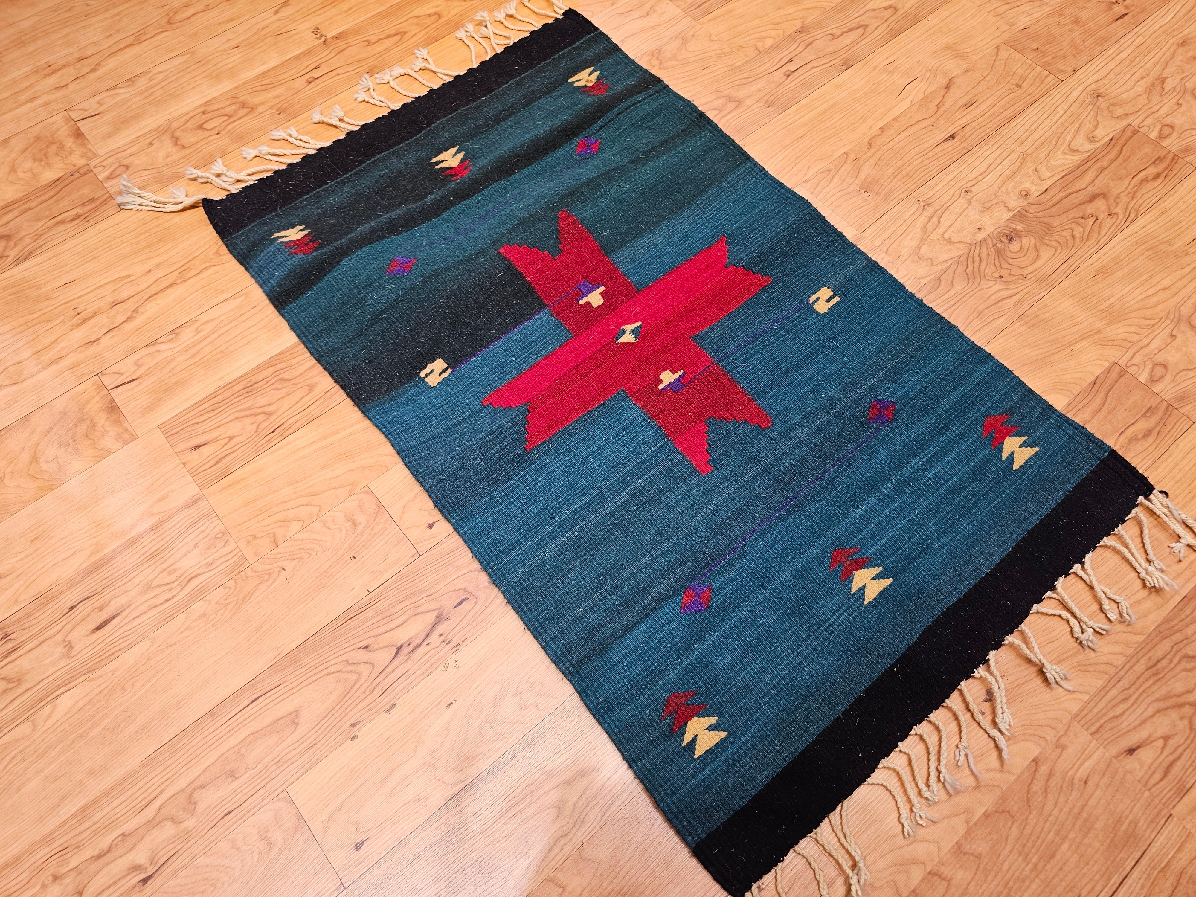 Vintage American Southwestern Kilim Area Rug in Dark Green with Red Medallion For Sale 2