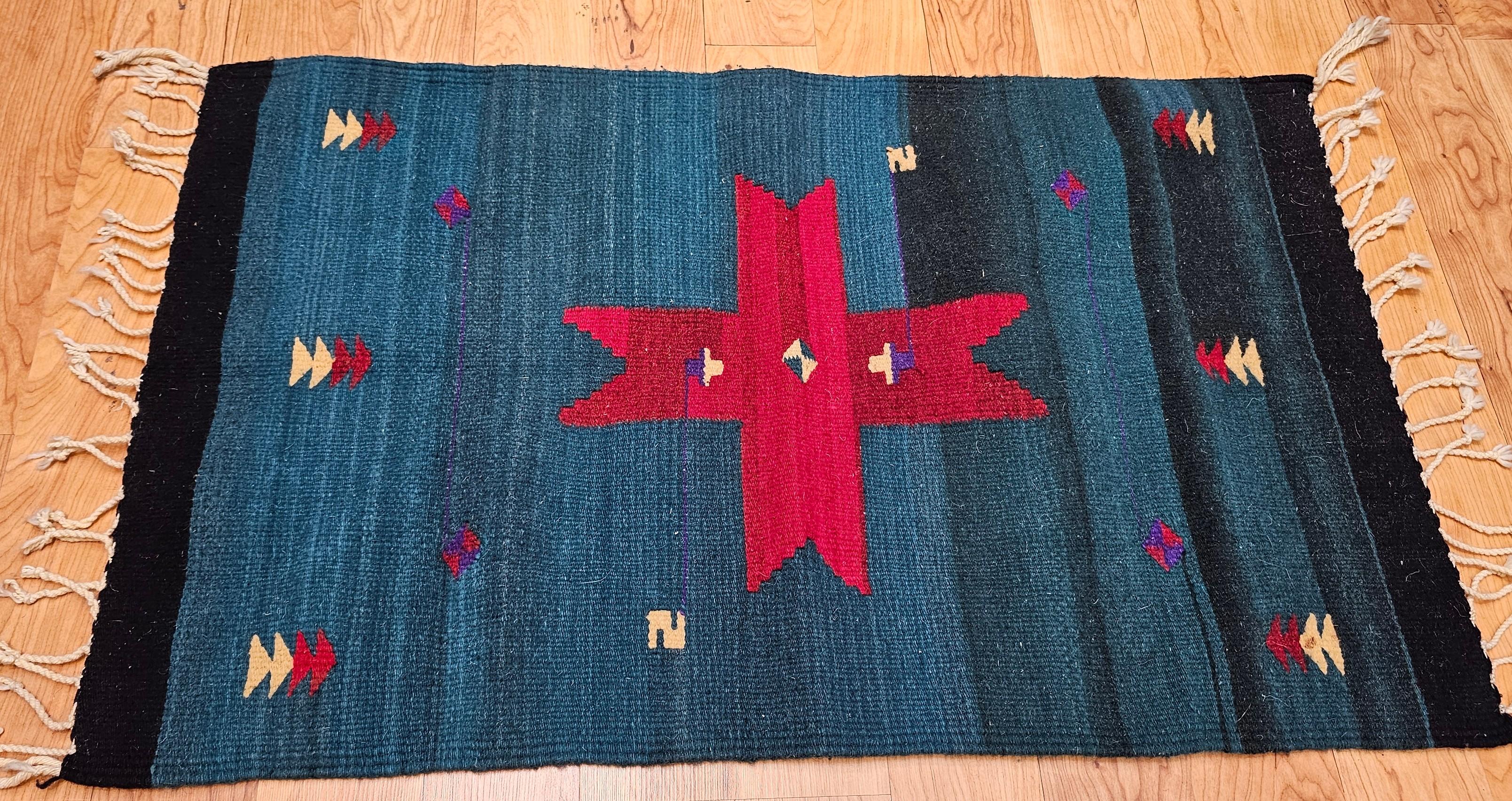 Vintage American Southwestern Kilim Area Rug in Dark Green with Red Medallion For Sale 3
