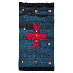 Vintage American Southwestern Kilim Area Rug in Dark Green with Red Medallion