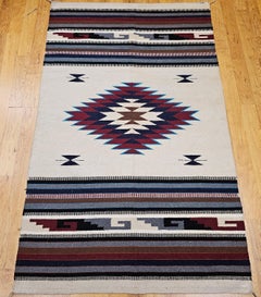 Vintage American Southwestern Saltillo Kilim Rug in Ivory, Burgundy, Turquoise