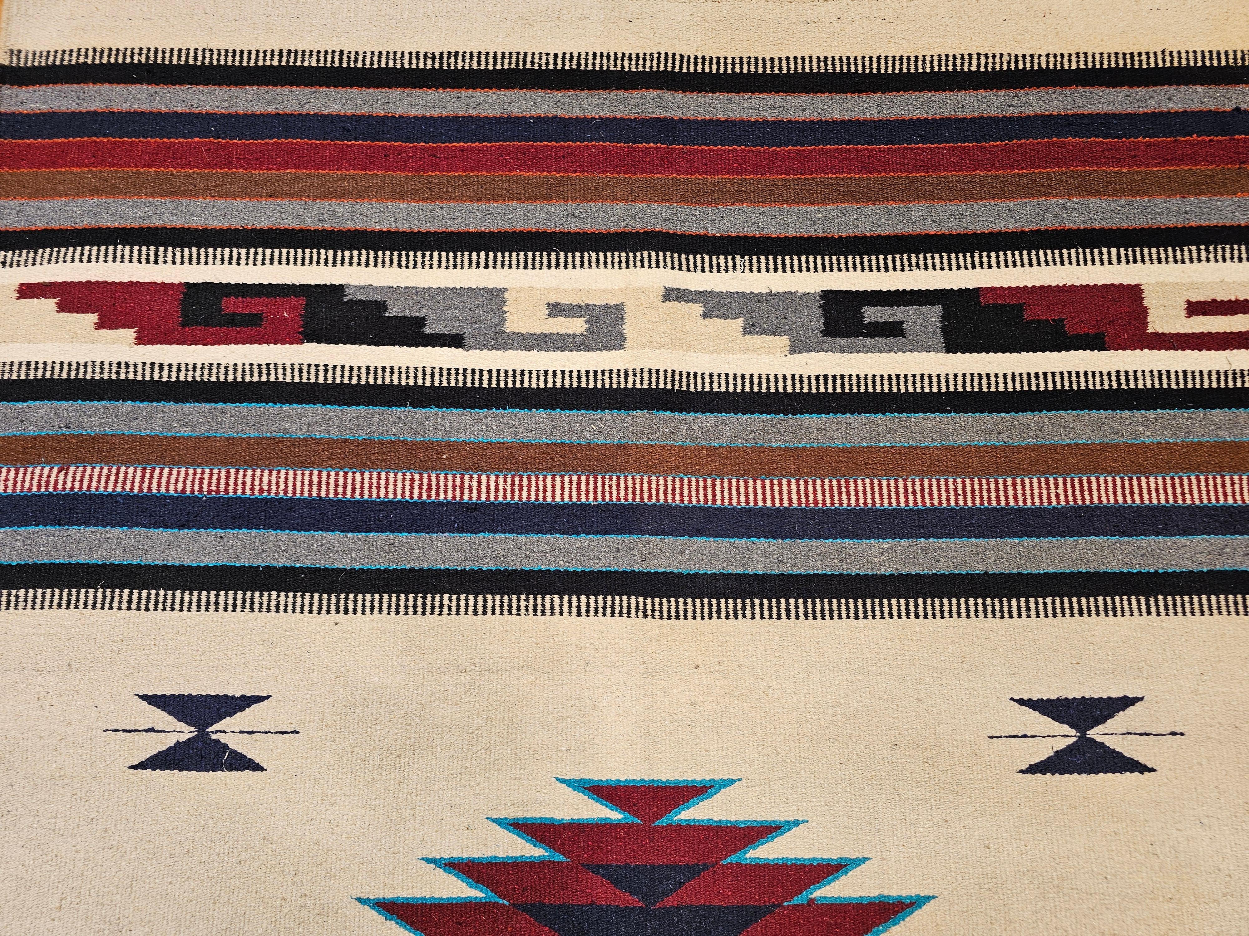 Hand-Woven Vintage American Southwestern Saltillo Kilim Rug in Ivory, Burgundy, Turquoise For Sale