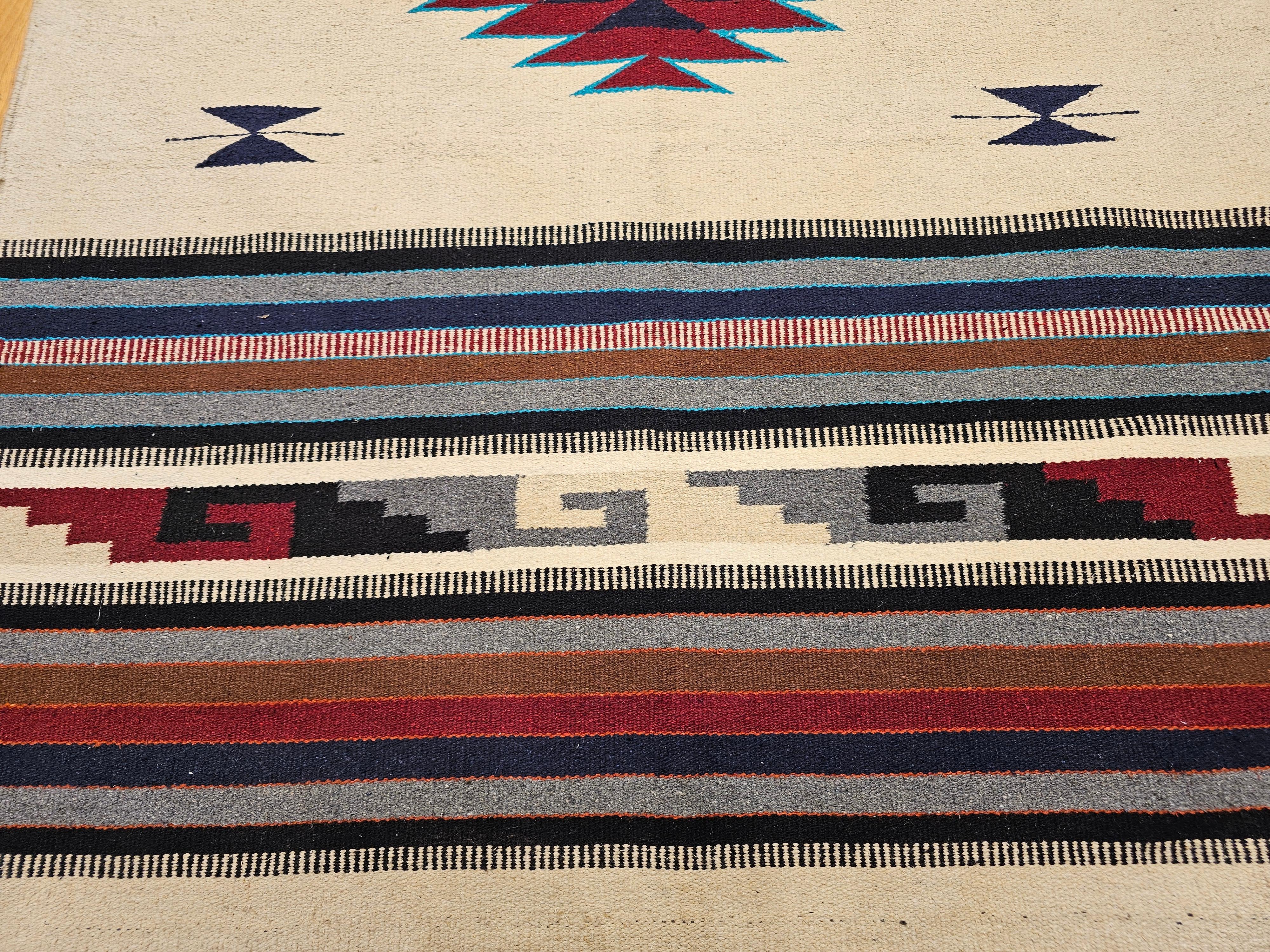 20th Century Vintage American Southwestern Saltillo Kilim Rug in Ivory, Burgundy, Turquoise For Sale