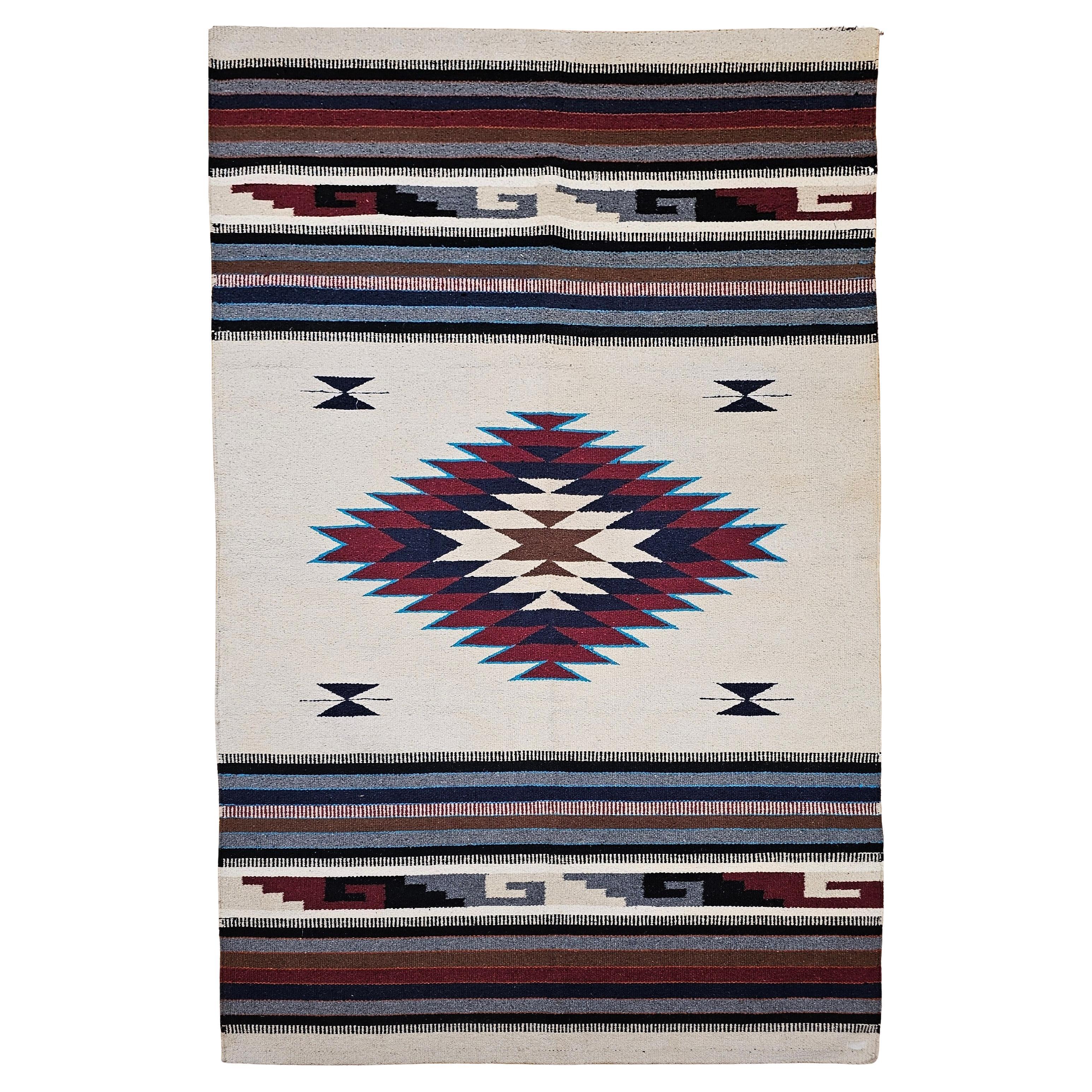 Vintage American Southwestern Saltillo Kilim Rug in Ivory, Burgundy, Turquoise