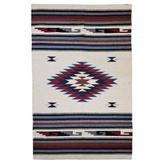 Vintage American Southwestern Saltillo Kilim Rug in Ivory, Burgundy, Turquoise
