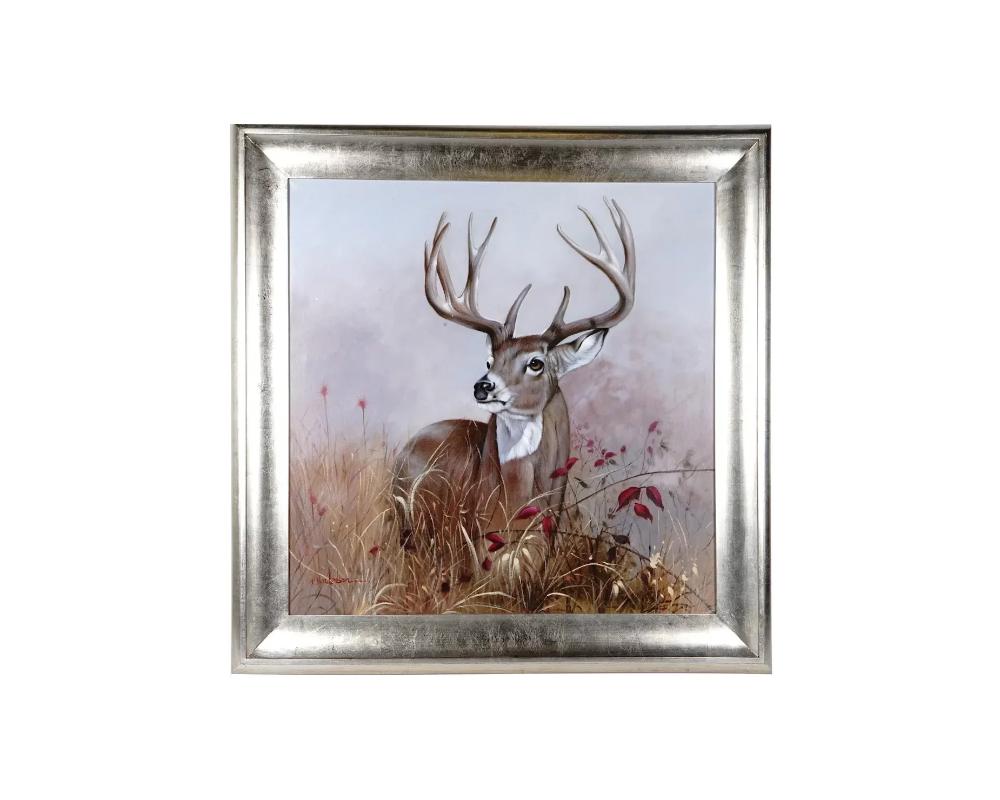 A mid century American oil on canvas painting depicting a stag. Signed lower left R. Henderson. Framed. Vintage Animal Paintings For Collectors.

Dimensions: Frame 37 1/2 x 37 1/2 in. Image 29 1/2 x 29 1/2 in. All measurements are