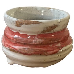 Vintage American Studio Pottery Vase - White Glaze Red Stripe Signed